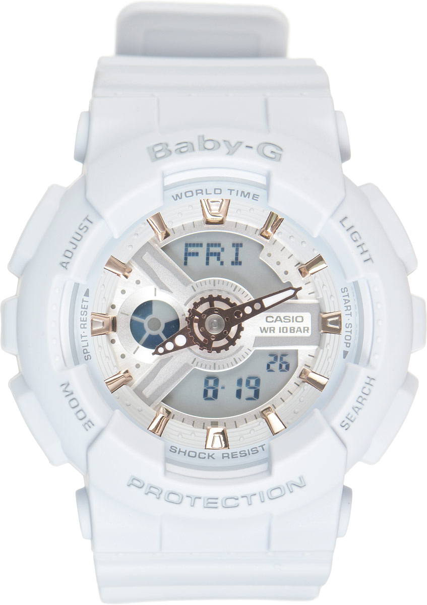 Часы наручные женские Casio G-Shock, цвет: нежно-голубой. BA-110GA-8ABA-110GA-8A Часы наручные женские Casio G-Shock, цвет: нежно-голубой. BA-110GA-8ABA-110GA-8AСтильные часы Casio G-Shock сочетают в себе ультрамодные цвета с приглушенным матовым покрытием. Золотистые металлические детали, используемые для меток и часовых элементов, выступают привлекательными акцентами. Часы будут пользоваться популярностью среди девушек, ведущих активный образ жизни. Ударопрочная конструкция защищает механизм от ударов и вибрации. Корпус выполнен из высококачественного пластика и оснащен минеральным стеклом, устойчивым к возникновению царапин. Резиновый ремешок имеет надежную классическую застежку. Изделие оснащено кварцевым механизмом с двойной цифро-аналоговой индикацией. Имеет степень водозащиты равную 100WR, что отлично подходит для плавания и ныряния. Циферблат подсвечивается светодиодом, а умная функция задержки отключения освещает циферблат еще несколько секунд после отпускания кнопки освещения. Помимо этого стоит отметить еще люминесцентный состав на стрелках и между часовых меток с ярким послесвечением даже после...