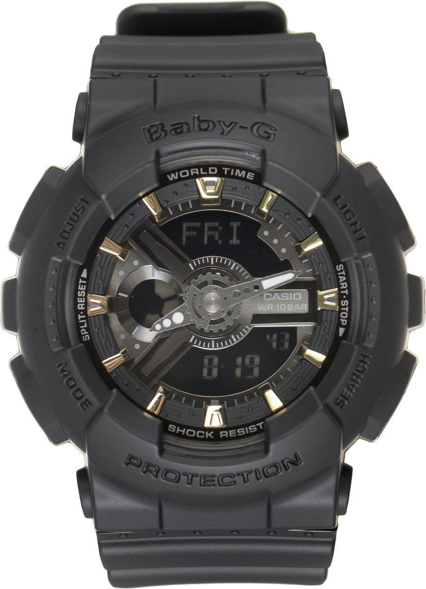 Часы наручные женские Casio G-Shock, цвет: черный. BA-110GA-1ABA-110GA-1A Часы наручные женские Casio G-Shock, цвет: черный. BA-110GA-1ABA-110GA-1AСтильные часы Baby-G сочетают в себе ультрамодные цвета с приглушенным матовым покрытием. Золотистые металлические детали, используемые для меток и часовых элементов, выступают привлекательными акцентами. Часы будут пользоваться популярностью среди девушек, ведущих активный образ жизни. Ударопрочная конструкция защищает механизм от ударов и вибрации. Корпус выполнен из высококачественного пластика и оснащен минеральным стеклом, устойчивым к возникновению царапин. Резиновый ремешок имеет надежную классическую застежку. Изделие оснащено кварцевым механизмом с двойной цифро-аналоговой индикацией. Имеет степень водозащиты равную 100WR, что отлично подходит для плавания и ныряния. Циферблат подсвечивается светодиодом, а умная функция задержки отключения освещает циферблат еще несколько секунд после отпускания кнопки освещения. Помимо этого стоит отметить еще люминесцентный состав на стрелках и между часовых меток с ярким послесвечением даже после...