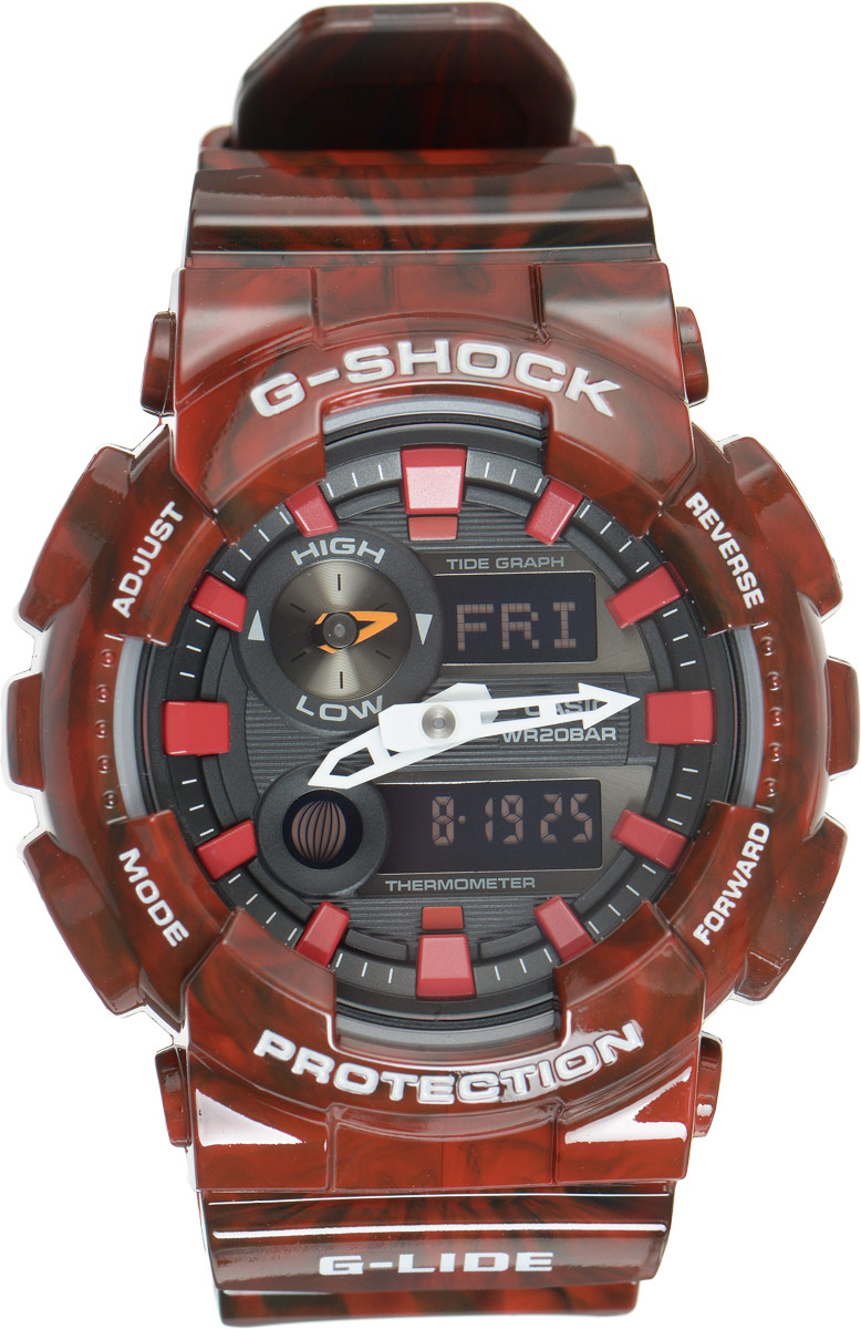 Часы наручные мужские Casio G-Shock, цвет: красный, черный. GAX-100MB-4AGAX-100MB-4A Часы наручные мужские Casio G-Shock, цвет: красный, черный. GAX-100MB-4AGAX-100MB-4AУдаропрочные часы G-Shock от Casio и, в соответствии с морской концепцией, отображают высоту приливов/отливов и лунные фазы. Двойная цифро-аналоговая индикация и встроенный датчик температуры - эти часы определенно подойдут любителям экстремальных видов спорта. Ударопрочная конструкция защищает механизм от ударов и вибрации. Изделие защищено от магнитных полей. Комбинированный корпус выполнен из нержавеющей стали 316L и композитного полимерного материала, оснащен минеральным стеклом, устойчивым к возникновению царапин. Ремешок также выполнен из полимерного материала и оснащен надежной классической застежкой с двойным шипом. Циферблат подсвечивается светодиодом, а умная и приятная функция автоподсветки освещает циферблат при повороте часов к лицу. Помимо этого стоит отметить еще люминесцентный состав на стрелках и часовых метках с ярким послесвечением даже после кратковременного воздействия света. Часы оснащены кварцевым механизмом с двойной...