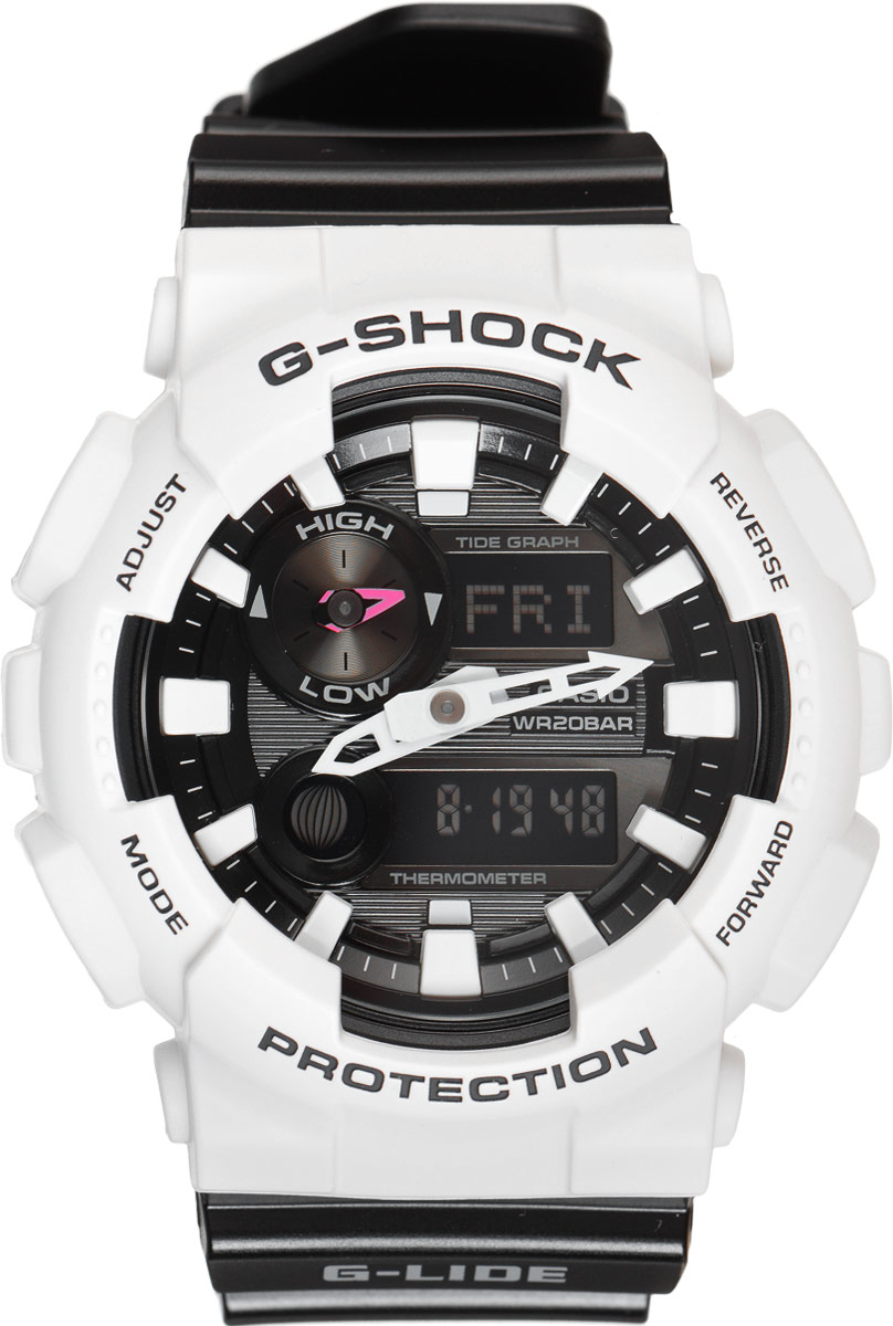 Часы наручные мужские Casio G-Shock, цвет: белый, черный. GAX-100B-7AGAX-100B-7A Часы наручные мужские Casio G-Shock, цвет: белый, черный. GAX-100B-7AGAX-100B-7AУдаропрочные часы G-Lide имеют все свойства и преимущества знаменитых G-Shock от Casio и, в соответствии с морской концепцией, отображают высоту приливов/отливов и лунные фазы. Двойная цифро-аналоговая индикация и встроенный датчик температуры - эти часы определенно подойдут любителям экстремальных видов спорта. Ударопрочная конструкция защищает механизм от ударов и вибрации. Изделие защищено от магнитных полей. Комбинированный корпус выполнен из нержавеющей стали 316L и композитного полимерного материала, оснащен минеральным стеклом, устойчивым к возникновению царапин. Ремешок также выполнен из полимерного материала и оснащен надежной классической застежкой с двойным шипом. Циферблат подсвечивается светодиодом, а умная и приятная функция автоподсветки освещает циферблат при повороте часов к лицу. Помимо этого стоит отметить еще люминесцентный состав на стрелках и часовых метках с ярким послесвечением даже после кратковременного воздействия света. Часы...