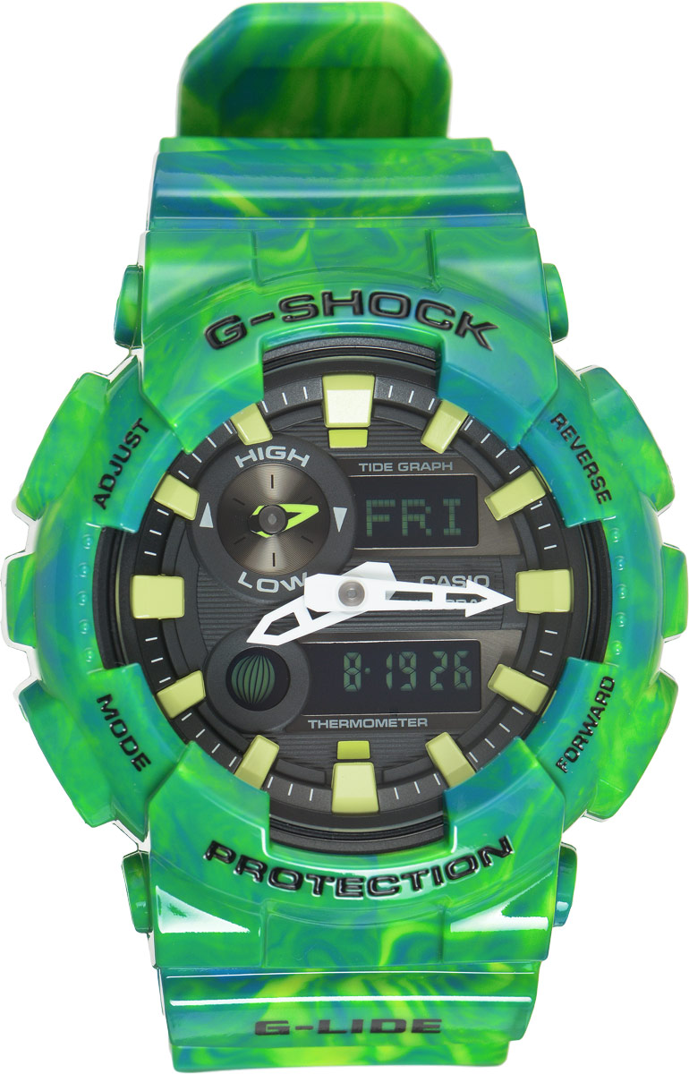 Часы наручные мужские Casio G-Shock, цвет: зеленый, черный. GAX-100MB-3AGAX-100MB-3A Часы наручные мужские Casio G-Shock, цвет: зеленый, черный. GAX-100MB-3AGAX-100MB-3AУдаропрочные часы G-Shock от Casio в соответствии с морской концепцией, отображают высоту приливов/отливов и лунные фазы. Двойная цифро-аналоговая индикация и встроенный датчик температуры - эти часы определенно подойдут любителям экстремальных видов спорта. Ударопрочная конструкция защищает механизм от ударов и вибрации. Изделие защищено от магнитных полей. Комбинированный корпус выполнен из нержавеющей стали 316L и композитного полимерного материала, оснащен минеральным стеклом, устойчивым к возникновению царапин. Ремешок также выполнен из полимерного материала и оснащен надежной классической застежкой с двойным шипом. Циферблат подсвечивается светодиодом, а умная и приятная функция автоподсветки освещает циферблат при повороте часов к лицу. Помимо этого стоит отметить еще люминесцентный состав на стрелках и часовых метках с ярким послесвечением даже после кратковременного воздействия света. Часы оснащены кварцевым механизмом с двойной цифро-аналоговой...
