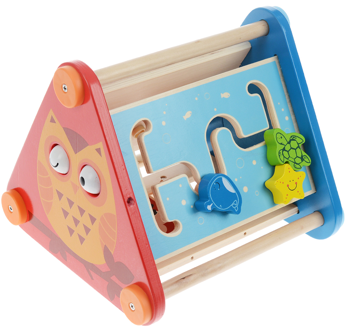 Hape Сортер ГоловоломкаЕ0434 Hape Сортер ГоловоломкаЕ0434Все пять сторон сортера Hape Головоломка таят в себе множество развивающих игр. Лабиринт, по которому можно передвигать фигурки животных; три шестеренки с африканскими животными; вращающиеся картинки, правильно расположив которые, малыш соберет поросенка, петуха, лошадь или овечку; забавная сова - у нее вращаются глаза, благодаря чему она то бодрствует, то погружается в сон; безопасное зеркало, с помощью которого можно познавать себя и окружающие предметы. На трех сторонах головоломки расположены ручки, за них малышу удобно брать игрушку, переносить с места на место, ведь маленькие непоседы всегда носят с собой любимые игрушки! Сортер Hape Головоломка способствует развитию моторики, логики, учит основам счета, различать цвета и формы, познавать окружающий мир.