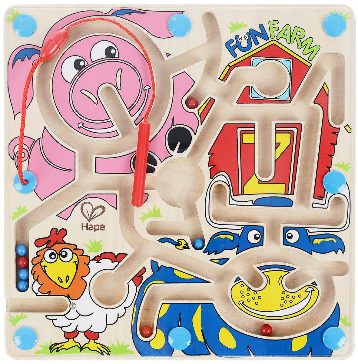 Hape Развивающая игрушка Веселая поездкаЕ1702 Hape Развивающая игрушка Веселая поездкаЕ1702Внутри развивающей игрушки-лабиринта Hape Веселая поездка находятся металлические шарики, которые малыш будет передвигать при помощи специальной указки с магнитом. Пластиковая панель не позволит шарику выпасть, он всегда будет оставаться в лабиринте. Указка прикреплена к панели шнурком, поэтому малыш никогда ее не потеряет. Игрушка развивает координацию, ловкость ручек, учит малыша понимать пространственные отношения и причинно-следственные связи. Кроме того лабиринт способствует развитию логических способностей.