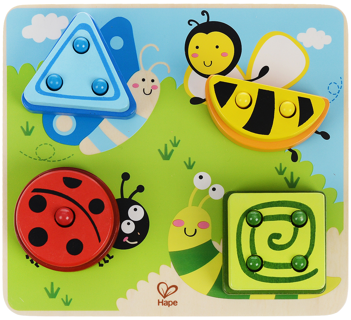 Hape Игрушка-сортер Веселая полянаЕ0425 Hape Игрушка-сортер Веселая полянаЕ0425Игрушка-сортер Hape Веселая поляна выполнена из безопасного материала в виде квадратного основания и 12 элементов в виде геометрических фигур. Принцип сортера прост и направлен на развитие логического мышления: на деревянной доске изображена картинка с четырьмя забавными персонажами, у каждого животного имеется определенное количество штырьков, на которые насаживаются детали. Малышам предстоит надеть все геометрические фигуры на персонажей в соответствии с числом дырочек. Игрушка-сортер Hape Веселая поляна поможет малышу в развитии цветового восприятия, мелкой моторики рук, координации движений и пространственного мышления.