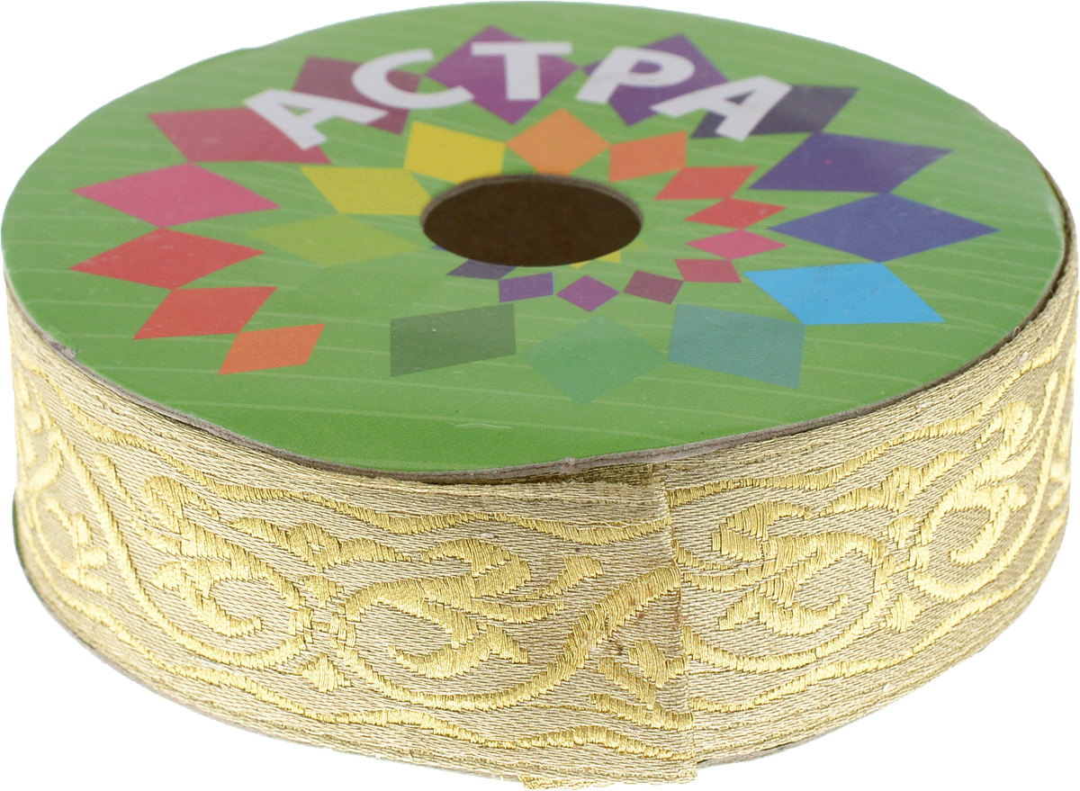 Тесьма декоративная Астра, цвет: золотой, ширина 3 см, длина 8,2 м. 77033417703341 Тесьма декоративная Астра, цвет: золотой, ширина 3 см, длина 8,2 м. 77033417703341Декоративная тесьма Астра выполнена из текстиля и оформлена оригинальным орнаментом. Такая тесьма идеально подойдет для оформления различных творческих работ таких, как скрапбукинг, аппликация, декор коробок и открыток и многое другое. Тесьма наивысшего качества и практична в использовании. Она станет незаменимым элементом в создании рукотворного шедевра. Ширина: 3 см. Длина: 8,2 м.