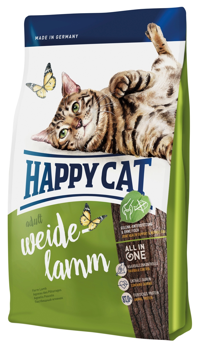 Корм сухой Happy Cat Adult для кошек с чувствительным пищеварением, пастбищный ягненок, 10 кг70190 Корм сухой Happy Cat Adult для кошек с чувствительным пищеварением, пастбищный ягненок, 10 кг70190Happy Cat Adult - специальный корм для кошек, имеющих доступ на улицу и тех которые активны дома. Он оптимально обеспечивает кошку всеми необходимыми питательными веществами, после обстоятельной ревизии своей территории. Корм предоставляет маленькому искателю приключений все ценные ингредиенты. Состав: птица (21,0%), рисовая мука, кукурузная мука, птичий жир, мясопродукты, кукуруза, ягненок (8%), картофельные хлопья, клетчатка, свекольная пульпа, сухое цельное яйцо, хлорид натрия, дрожжи, яблочная пульпа (0,4%), хлорид калия, морские водоросли (0,2%), семя льна (0,2%), новозеландский моллюск (0,04%), корень цикория (0,04%), дрожжи (экстрагированные), расторопша, артишок, одуванчик, имбирь, березовый лист, крапива, ромашка, кориандр, розмарин, шалфей, корень солодки, тимьян (общий объем сухих трав: 0,17%). Аналитический состав: сырой протеин 32,0%, сырой жир 18,0%, сырая клетчатка 3,0%, сырая зола 7,0%, кальций 1,4%, фосфор 0,9%,...