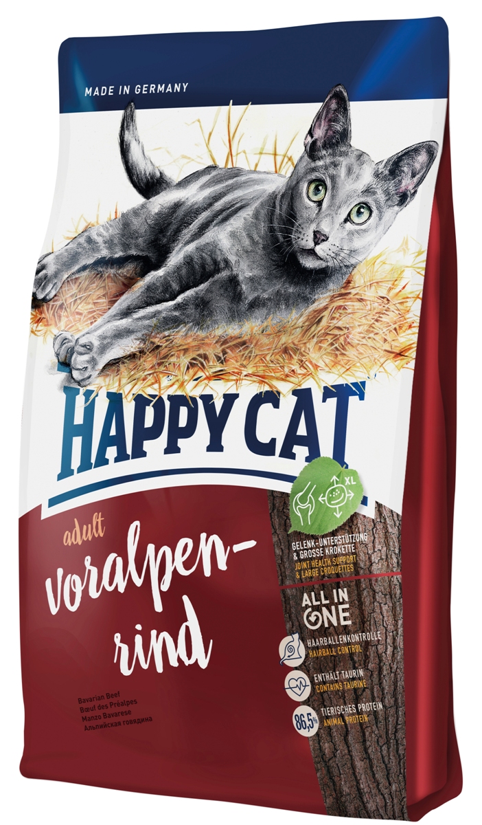 Корм сухой Happy Cat Adult для кошек с нормальной активностью, альпийская говядина, 1,4 кг70200 Корм сухой Happy Cat Adult для кошек с нормальной активностью, альпийская говядина, 1,4 кг70200Happy Cat Adult полностью обеспечивает питомца, который любит погулять на улице, всеми необходимыми высококачественными веществами. В состав входят вкусная говядина и птица. Изысканная рецептура без рыбы была специально разработана под потребности свободно гуляющих кошек и активных домашних кошек, так как калорийность полностью соответствует их большой физической активности. Чуть увеличенный размер гранулы хорошо сказывается на зубах. Состав: мясопродукты (13% говядины), кукурузная мука, кукуруза, птица (13%), птичий жир, картофельные хлопья, рисовая мука, клетчатка, мясная мука (0,8% говядины), гемоглобин, свекольная пульпа, сухое цельное яйцо, хлорид натрия, дрожжи, яблочная пульпа (0,4%), хлорид калия, морские водоросли (0,2%), семя льна (0,2%), новозеландский моллюск (0,04%), корень цикория (0,04%), дрожжи (экстрагированные), расторопша, артишок, одуванчик, имбирь, березовый лист, крапива, ромашка, кориандр, розмарин, шалфей, корень...