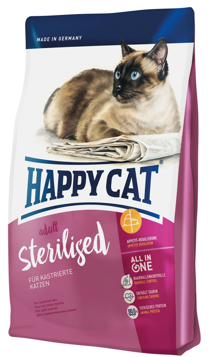 Корм сухой Happy Cat Adult Sterilised для кастрированных и стерилизованных кошек, 1,4 кг70236 Корм сухой Happy Cat Adult Sterilised для кастрированных и стерилизованных кошек, 1,4 кг70236Happy Cat Adult Sterilised - это полнорациональный корм для кастрированных котов и стерилизованных кошек. Кастрированные кошки более склоны к ожирению, чем не кастрированные. Это является результатом перестройки обмена веществ, связанной с гормональными изменениями, так как кошки становятся более спокойными. Уменьшение активности и движений, при сохранении хорошего аппетита, приводит к нежелательному результату – ожирение, что в свою очередь увеличивает риск диабета, мочекаменной болезни и рядя других заболеваний. Для предотвращения набора излишнего веса кастрированным кошкам необходим сытный корм с большим содержанием клетчатки и средней жирности, дополненный стимулирующим к движению белком и идеально подобранным перечнем минеральных веществ, для защиты мочеполовой системы. Состав: птица (24%), кукурузная мука, мясопродукты, рисовая мука, клетчатка, кукуруза, птичий жир, лосось (4%), свекольная пульпа, яблочная пульпа (0,8%), хлорид натрия,...