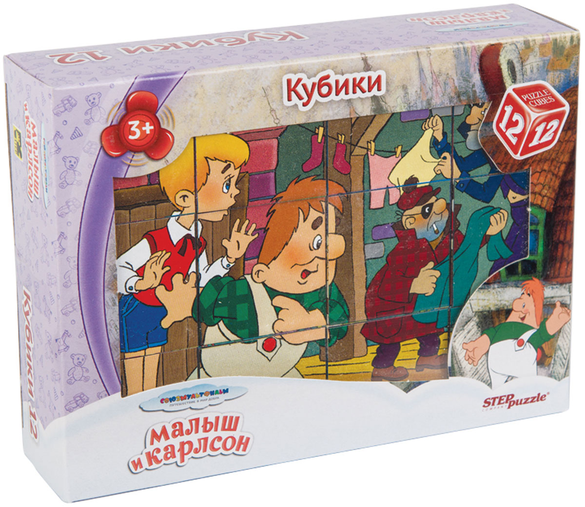 Step Puzzle Кубики Малыш и Карлсон87342 Step Puzzle Кубики Малыш и Карлсон87342С помощью кубиков Step Puzzle ребенок сможет собрать целых шесть красочных картинок с любимыми героями мультфильма Малыш и Карлсон. Наборы из 12 кубиков - для тех, кто освоил навык сборки картинки из 9 кубиков. Заложенный дидактический принцип От простого к сложному позволит ребёнку поверить в свои силы. А герои популярных мультфильмов сделают кубики любимой игрушкой. Игра с кубиками развивает зрительное восприятие, наблюдательность, мелкую моторику рук и произвольные движения. Ребенок научится складывать целостный образ из частей, определять недостающие детали изображения. Это прекрасный комплект для развлечения и времяпрепровождения с пользой для малыша.