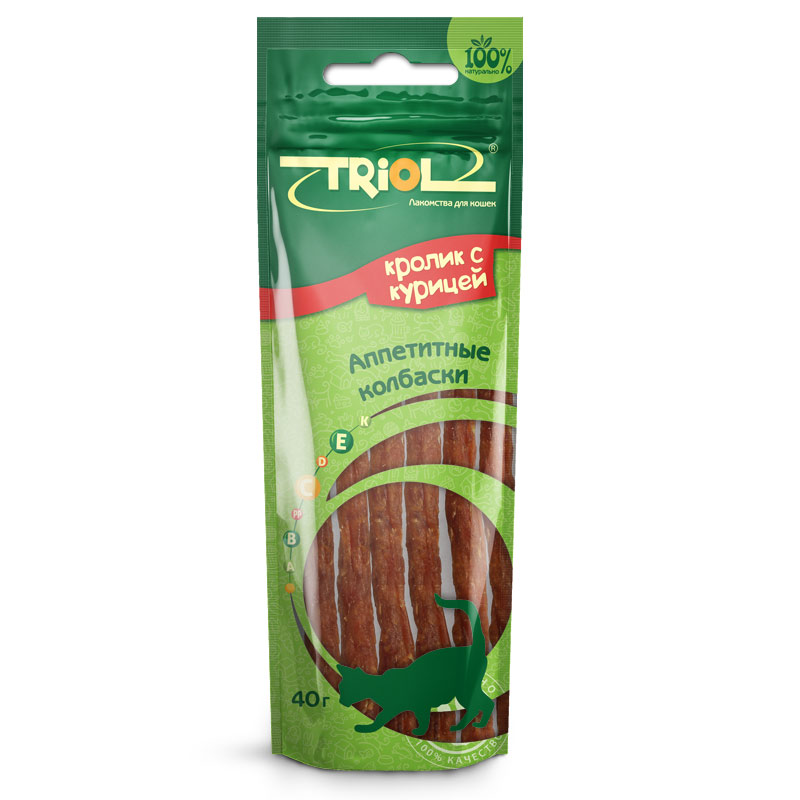 Лакомство для кошек Triol Аппетитные колбаски, кролик и курица, 40 гPT30 Лакомство для кошек Triol Аппетитные колбаски, кролик и курица, 40 гPT30Ваш четвероногий друг оценит не только свежесть и разнообразие мясных ингредиентов, но и полезные витамины в составе каждого кусочка. Лакомства этой группы обогащены общеукрепляющим комплексом витаминов (A, E, D3 и L-карнитин), которые необходимы для здорового функционирования организма вашего питомца.