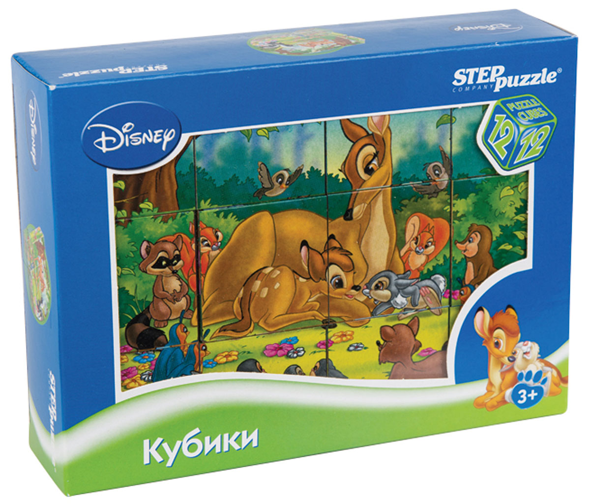 Step Puzzle Кубики Бемби87161 Step Puzzle Кубики Бемби87161С помощью кубиков Step Puzzle Бемби ребенок сможет собрать целых шесть красочных картинок с любимыми героями мультфильма про олененка Бемби. Наборы из 12 кубиков - для тех, кто освоил навык сборки картинки из 9 кубиков. Заложенный дидактический принцип От простого к сложному позволит ребёнку поверить свои силы. А герои популярных мультфильмов сделают кубики любимой игрушкой. Игра с кубиками развивает зрительное восприятие, наблюдательность, мелкую моторику рук и произвольные движения. Ребенок научится складывать целостный образ из частей, определять недостающие детали изображения. Это прекрасный комплект для развлечения и времяпрепровождения с пользой для малыша.