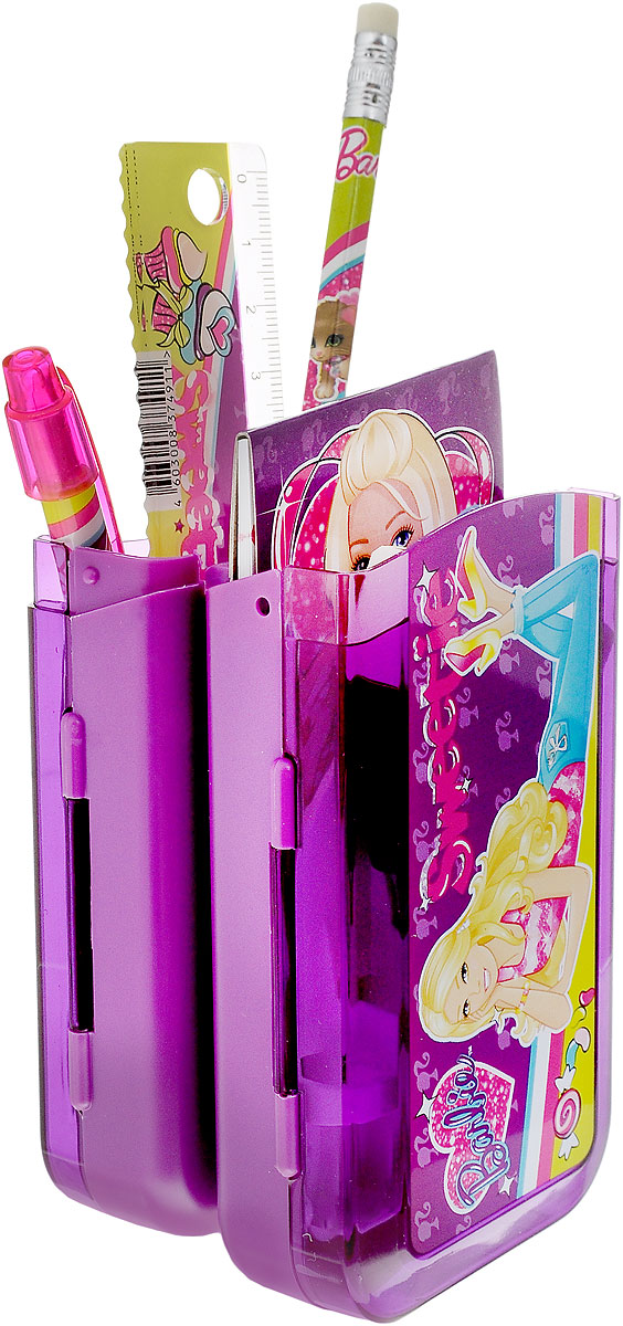 Набор канцелярский Barbie, 7 предметовBRCB-US1-75409-H Набор канцелярский Barbie, 7 предметовBRCB-US1-75409-HКанцелярский набор Barbie в подарочном пакете с кольцом станет замечательным подарком для любой школьницы. Набор включает в себя карандаш ч/г с ластиком, пенал пластиковый складной, линейка прозрачная 15 см, ручка автоматическая, точилка малая в виде сердечка, блокнот клеевой, ластик прямоугольный (обернутый бумагой). Обложка блокнота выполнена из плотного картона и оформлена изображением Барби. Набор канцелярских принадлежностей - стильные и незаменимые аксессуары на каждый день!