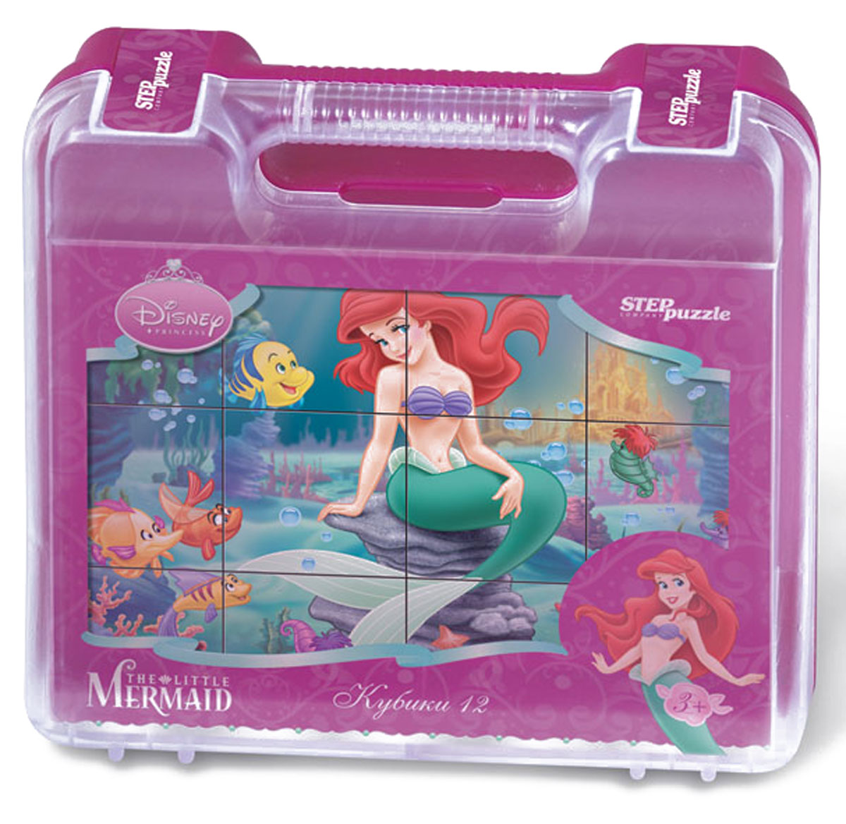 Step Puzzle Кубики Русалочка в чемоданчике87108 Step Puzzle Кубики Русалочка в чемоданчике87108С помощью кубиков Step Puzzle Русалочка ребенок сможет собрать целых шесть красочных картинок с любимой принцессой Диснея. Наборы из 12 кубиков - для тех, кто освоил навык сборки картинки из 9 кубиков. Заложенный дидактический принцип От простого к сложному позволит ребёнку поверить свои силы. А герои популярных мультфильмов сделают кубики любимой игрушкой. Игра с кубиками развивает зрительное восприятие, наблюдательность, мелкую моторику рук и произвольные движения. Ребенок научится складывать целостный образ из частей, определять недостающие детали изображения. Это прекрасный комплект для развлечения и времяпрепровождения с пользой для малышки.
