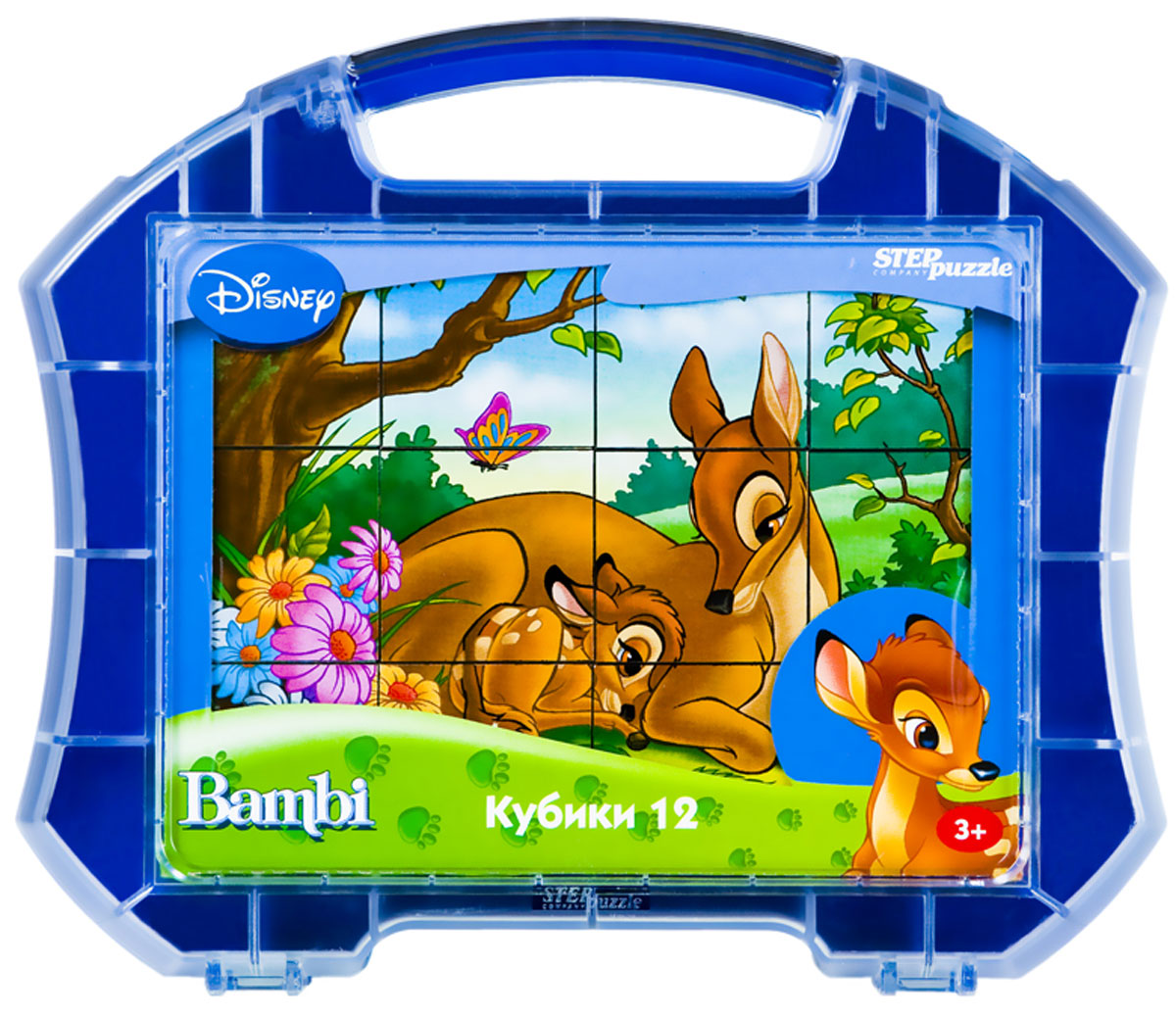 Step Puzzle Кубики Бемби в чемоданчике87104 Step Puzzle Кубики Бемби в чемоданчике87104С помощью кубиков Step Puzzle Бемби ребенок сможет собрать целых шесть красочных картинок с любимыми героями мультфильма про олененка Бемби. Наборы из 12 кубиков - для тех, кто освоил навык сборки картинки из 9 кубиков. Заложенный дидактический принцип От простого к сложному позволит ребёнку поверить свои силы. А герои популярных мультфильмов сделают кубики любимой игрушкой. Игра с кубиками развивает зрительное восприятие, наблюдательность, мелкую моторику рук и произвольные движения. Ребенок научится складывать целостный образ из частей, определять недостающие детали изображения. Это прекрасный комплект для развлечения и времяпрепровождения с пользой для малыша.