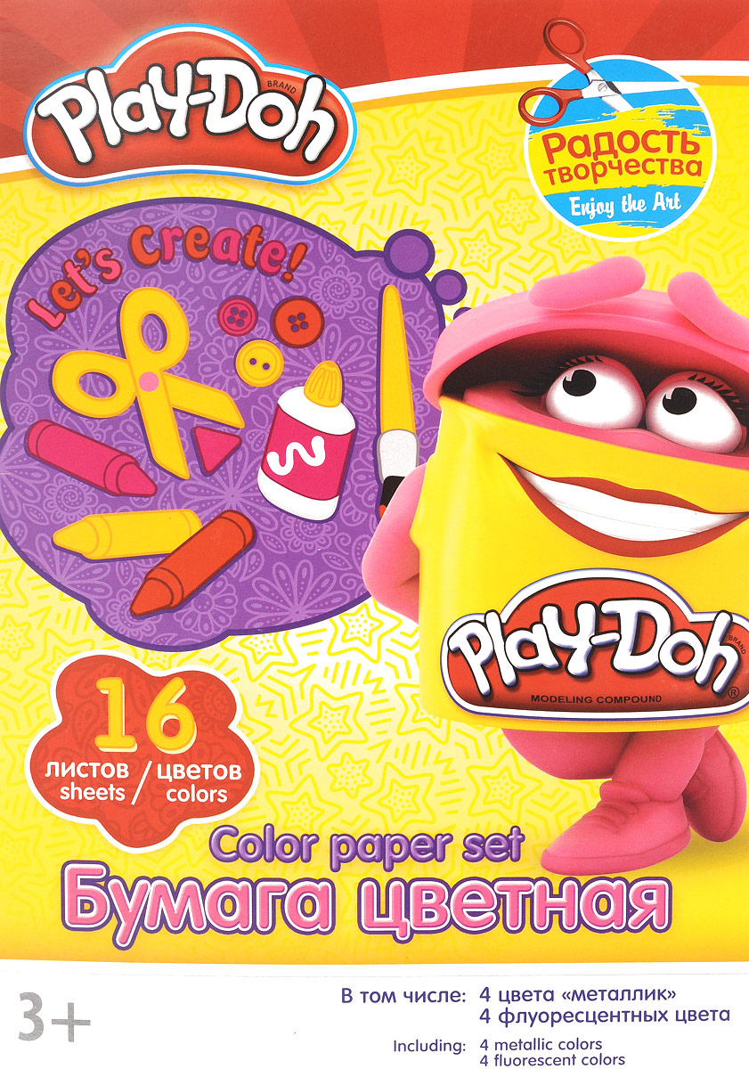 Play-Doh Набор цветной бумаги 16 листов 16 цветовPD1/2_розовый Play-Doh Набор цветной бумаги 16 листов 16 цветовPD1/2_розовыйНабор цветной бумаги Play-Doh формата А4 идеально подходит для детского творчества: создания аппликаций, оригами и многого другого. В упаковке 16 листов бумаги 16 цветов: золотистый, серебристый, желтый, красный, пурпурный, зелёный, голубой, фиолетовый, коричневый, черный, розовый металл, голубой металл, лимонный флюор, салатовый флюор, оранжевый флюор, розовый флюор. На обороте набора расположена игра на внимание Найди 2 одинаковых Додошки. Детские аппликации из цветной бумаги - отличное занятие для развития творческих способностей и познавательной деятельности малыша, а также хороший способ самовыражения ребенка. Рекомендуемый возраст: от 3 лет.