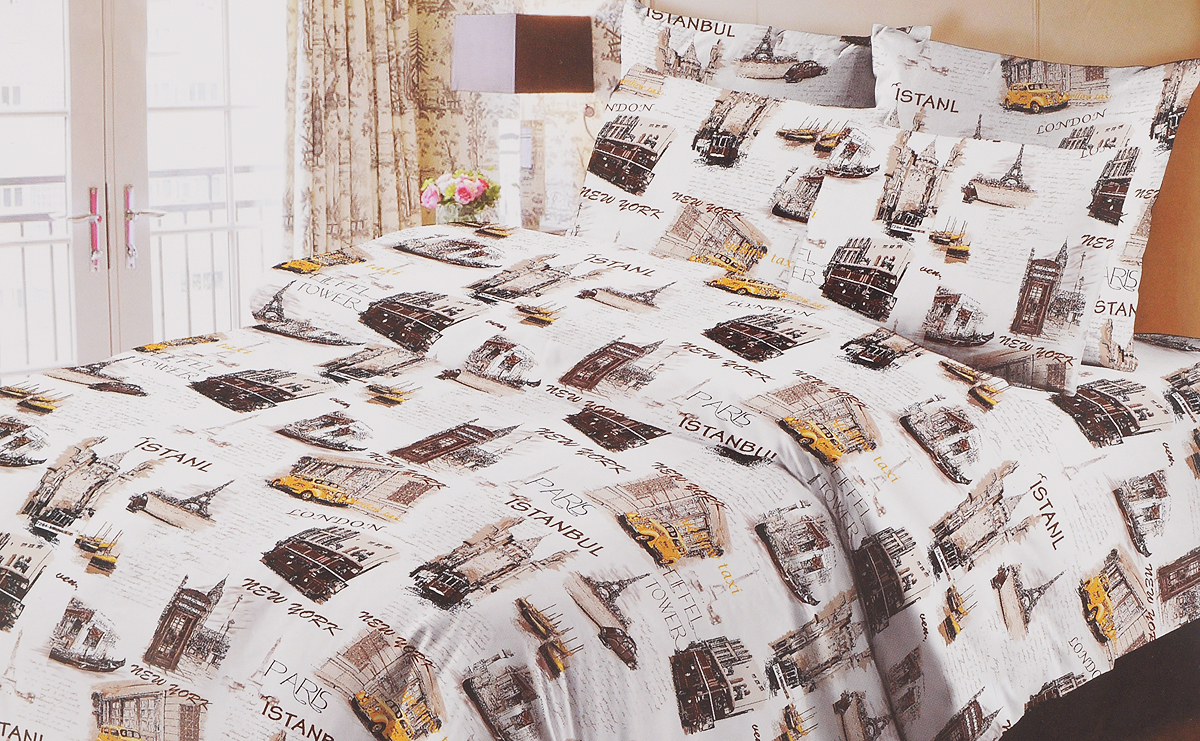 Комплект белья Liya Home Collection Города, 2-спальный, наволочки 70x701515150000082 Комплект белья Liya Home Collection Города, 2-спальный, наволочки 70x701515150000082Комплект белья Liya Home Collection Города состоит из пододеяльника, простыни и двух наволочек. Изделия выполнены из хлопка (70%) и полиэстера (30%). Хлопок является классическим примером гигроскопичности, гигиеничности, натуральности и простоты. Сочетание его с полиэстером лишает ткань присущих хлопку недостатков. Изделия из хлопка с полиэстером не выгорают, не растягиваются, дольше используются. Постельное белье из хлопка с полиэстером имеет двукратную продолжительность эксплуатации, по сравнению с чистым хлопком, оно не мнется и сохнет очень быстро.