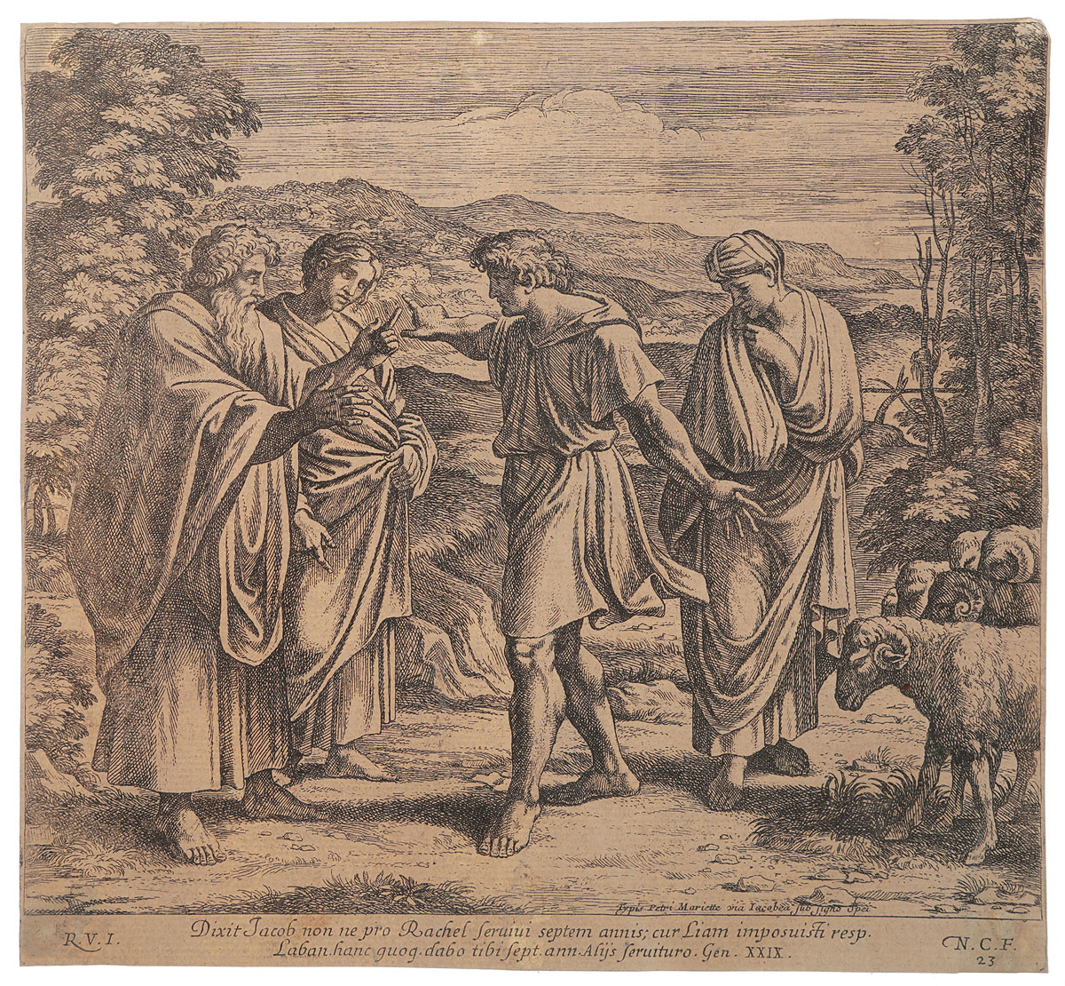 Эпизоды из Священной истории. Иаков и Рахиль. Гравюра. Западная Европа, 1640 годНВА 170816-22 Эпизоды из Священной истории. Иаков и Рахиль. Гравюра. Западная Европа, 1640 годНВА 170816-22Гравюра первой половины XVII века. Художник - Рафаэль Санти. Гравер - Никола Шапрон. Размер: 23,7 х 25,6 см. Сохранность хорошая. На гравюре представлен эпизод из 29 главы книги Бытия: И служил Иаков за Рахиль семь лет; и они показались ему за несколько дней, потому что он любил ее (Быт.29:20). Никола Шапрон (1599-1647) - французский живописец и гравер, ученик С. Bye, подвергшийся влиянию Н. Пуссена. Писал в духе последнего религиозные, мифологические и аллегорические картины, но не особенно часто, так как их встречается теперь очень немного. Шапрон известен как гравер, который воспроизвел в офортных эстампах Преображение Рафаэля, его библейские сцены, написанные в ватиканских ложах (54 листа). Не подлежит вывозу за пределы Российской Федерации.