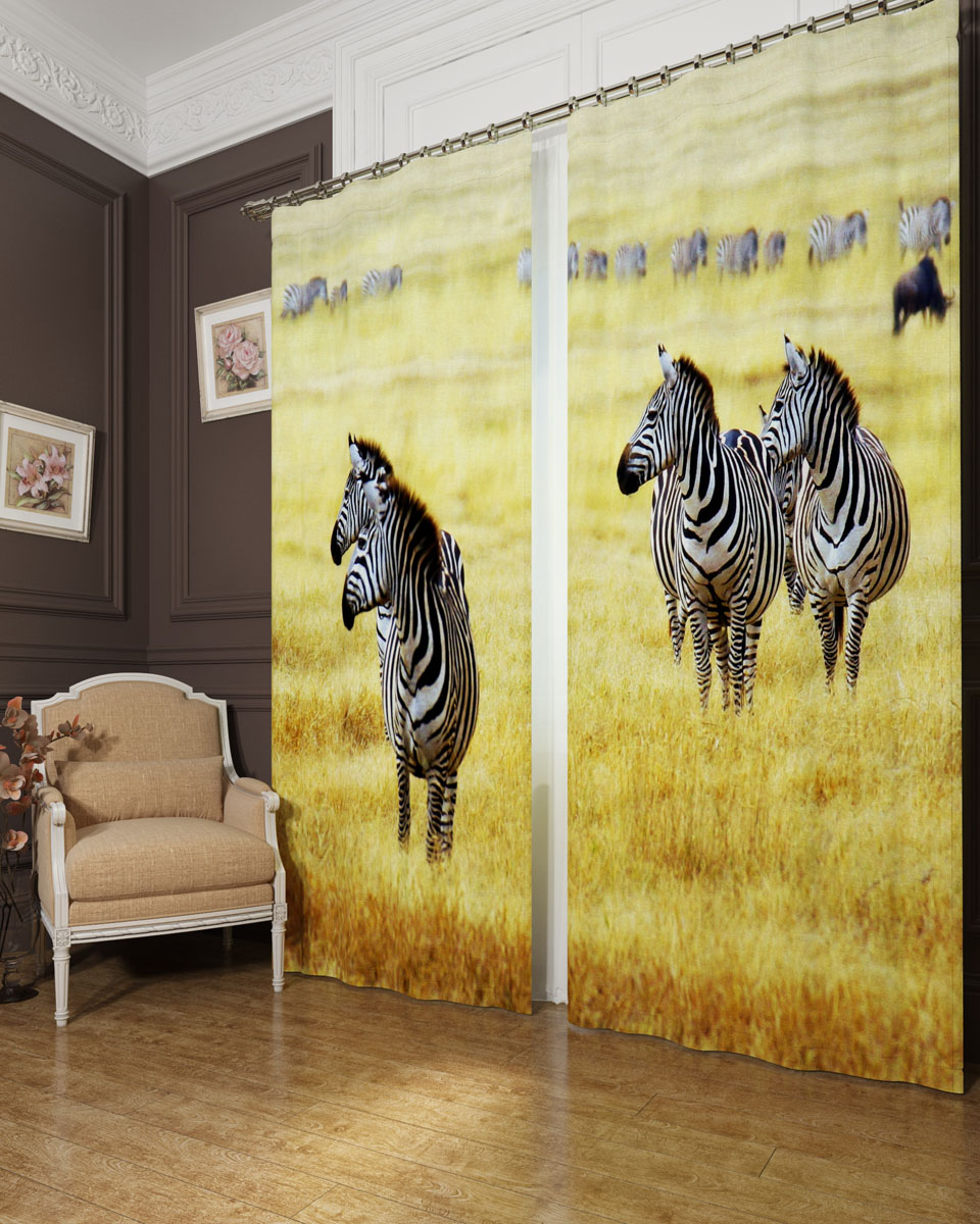 Комплект фотоштор Сирень Стадо зебр, на ленте, 290 х 260 см04592-ФШ-БЛ-001 Комплект фотоштор Сирень Стадо зебр, на ленте, 290 х 260 см04592-ФШ-БЛ-001Фотошторы Сирень из ткани блекаут в жаркие дни дадут прохладу в комнате, а в холодные зимние дни сохранят тепло. Это трехслойная светонепроницаема трехслйная ткань — 100% полиэстер, по структуре напоминает плотный хлопок, очень мягкий,с небольшим сероватым оттенком из-за черной нити, входящей в состав ткани. Блекаут не требует особого ухода, хорошо драпируется. Пропускает солнечные лучи не более 5%. Яркая и чёткая картинка перенесенная на наши шторы будет радовать Вас каждый день. Крепление на карниз при помощи шторной ленты на крючки. В комплекте: Портьера: 2 шт. Размер (ШхВ): 145 см х 260 см. Рекомендации по уходу: стирка при 30 градусах гладить при температуре до 110 градусов Изображение на мониторе может немного отличаться от реального.
