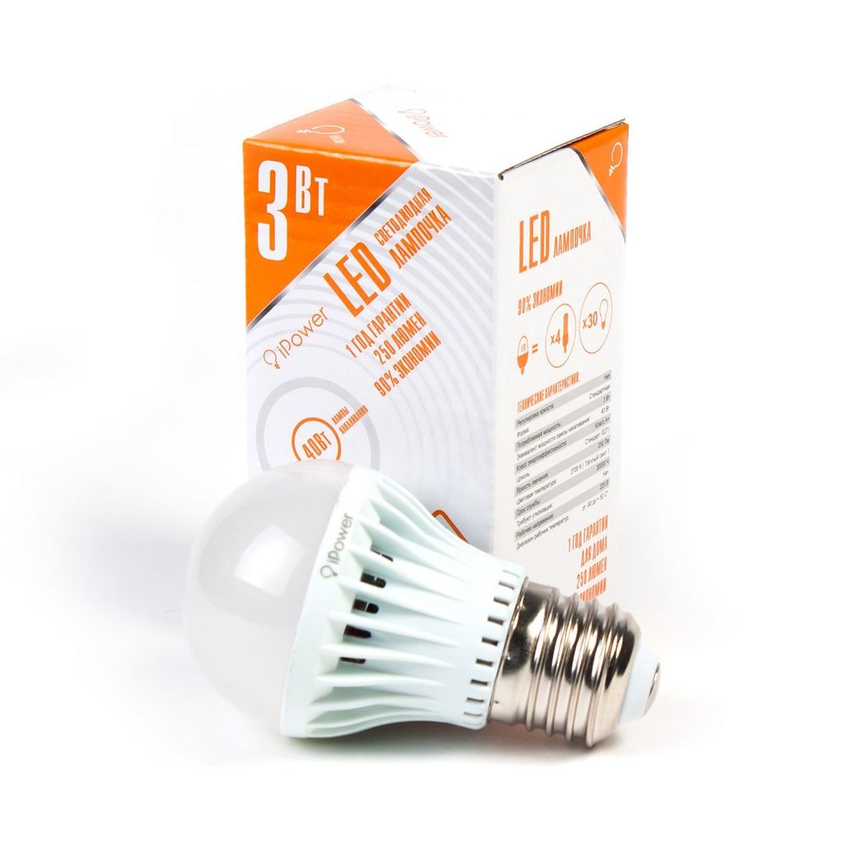 Лампа светодиодная IPower LED, цоколь Е27, 3W, 2700К теплый свет1001946 Лампа светодиодная IPower LED, цоколь Е27, 3W, 2700К теплый свет1001946Светодиодная лампочка iPower IPHB3W2700KE27 LED лампочка iPower имеет очень низкое энергопотребление, в сравнении с лампами накаливания LED потребляет в 12 раз меньше электричества, а в сравнении с энергосберегающими в 2-4 раз меньше. При этом срок службы LED лампочки в 5 раз выше, чем энергосберегающей, и в 50 раз выше, чем у лампы накаливания. Светодиодные лампочки iPower создают мягкий рассеивающий свет без мерцаний, что совершенно безопасно для глаз. Они специально разработаны по требованиям российских и европейских законов и подходят ко всем осветительным устройствам, совместимым со стандартным цоколем E27. Габариты 29x29x22 Гарантия 12 мес. Диапазон рабочих температур от -50 до +50 °С Материал Поликарбонат ПартНомер ZGB-QP50S-3 2700K Потребляемая мощность 3 Вт Рабочее напряжение, В 220В Размер 50*88 мм Регулировка яркости Нет Световая температура 2700К (Тёплый свет) Срок службы 30000 часов Тип упаковки Цветная коробка ...
