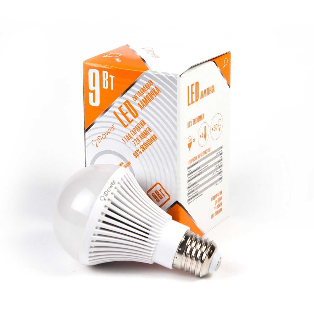 Лампа светодиодная iPower, цоколь Е27, 9W, 2700К1001952 Лампа светодиодная iPower, цоколь Е27, 9W, 2700К1001952Светодиодная лампа iPower имеет очень низкое энергопотребление. В сравнении с лампами накаливания LED потребляет в 12 раз меньше электричества, а в сравнении с энергосберегающими - в 2-4 раза меньше. При этом срок службы LED лампочки в 5 раз выше, чем энергосберегающей, и в 50 раз выше, чем у лампы накаливания. Светодиодная лампа iPower создает мягкий рассеивающий свет без мерцаний, что совершенно безопасно для глаз. Она специально разработана по требованиям российских и европейских законов и подходит ко всем осветительным устройствам, совместимым со стандартным цоколем E27. Использование светодиодов от мирового лидера Epistar - это залог надежной и стабильной работы лампы. Теплый оттенок света лампы по световой температуре соответствует обычной лампе накаливания и позволит создать уют в доме и местах отдыха. Диапазон рабочих температур: от -50°C до +50°С. Материал: алюминий, поликарбонат. Потребляемая мощность: 9 Вт. Рабочее напряжение: 220В. ...