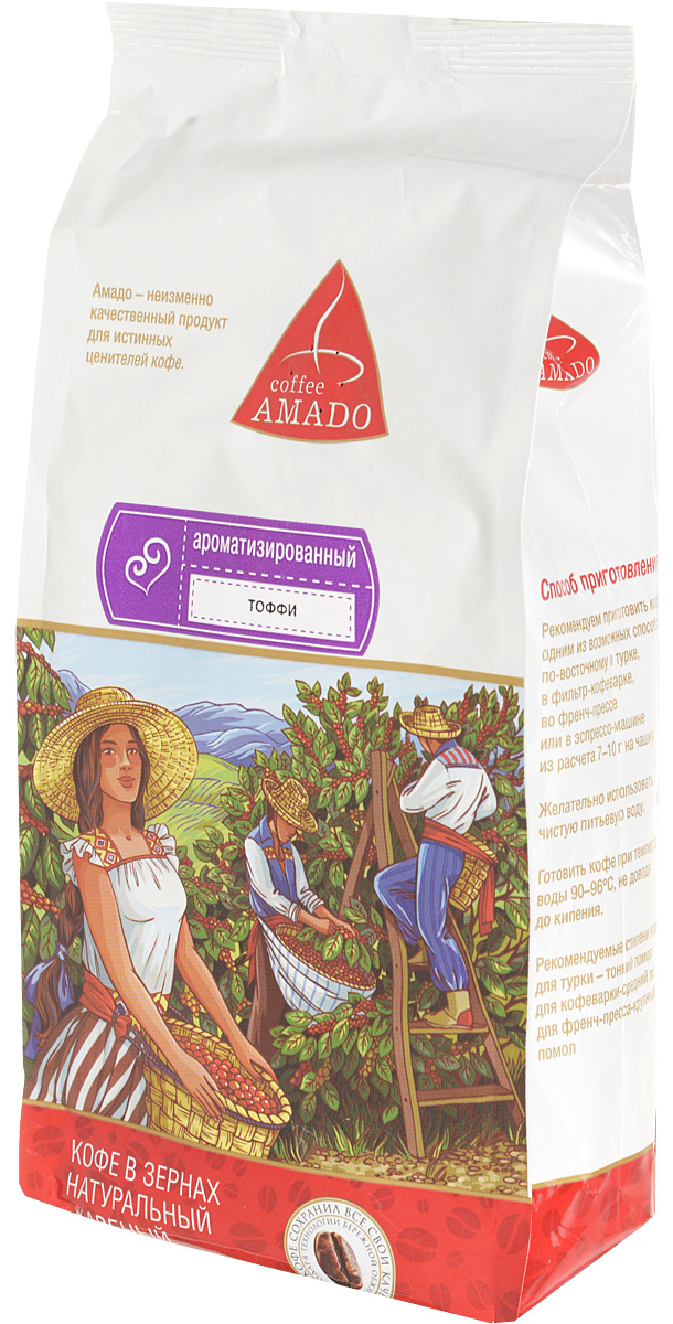 AMADO Тоффи кофе в зернах, 500 г4607064132607 AMADO Тоффи кофе в зернах, 500 г4607064132607Богатый вкус свежеобжаренного кофе AMADO Тоффи отлично сочетается со сладостью шоколада и сливочным ароматом. Рекомендуемый способ приготовления: по-восточному, френч-пресс, гейзерная кофеварка, фильтр-кофеварка, кемекс, аэропресс.