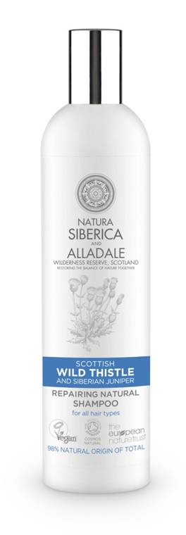 Natura Siberica and Alladale Восстанавливающий шампунь для волос 400 мл086-08-19355 Natura Siberica and Alladale Восстанавливающий шампунь для волос 400 мл086-08-19355Натуральный сертифицированный восстанавливающий шампунь на основе органического чертополоха-символа Шотландии и дикого сибирского можжевельника, бережно собранного на нашей органической ферме в Хакассии. Органический экстракт чертополоха глубоко увлажняет волосы, а органический экстракт сибирского можжевельника укрепляет их. Для всех типов волос.