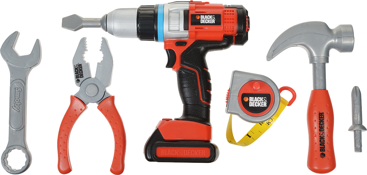 Smoby Набор инструментов Black & Decker 6 шт500281 Smoby Набор инструментов Black & Decker 6 шт500281Набор инструментов Smoby Black & Decker станет отличным пополнением к детской мастерской. В состав набора входят: шуруповерт, гаечный ключ, молоток, плоскогубцы, рулетка, дополнительная насадка для шуруповерта. При нажатии на пусковую кнопку патрон шуруповерта с насадкой поворачивается. Шуруповерт работает без батареек. Все инструменты упакованы в удобную сумку с текстильной ручкой. Набор инструментов Smoby Black & Decker обязательно порадует вашего юного мастера. Теперь он может работать с инструментами наравне с отцом. Сделайте вашему ребенку такой замечательный подарок!