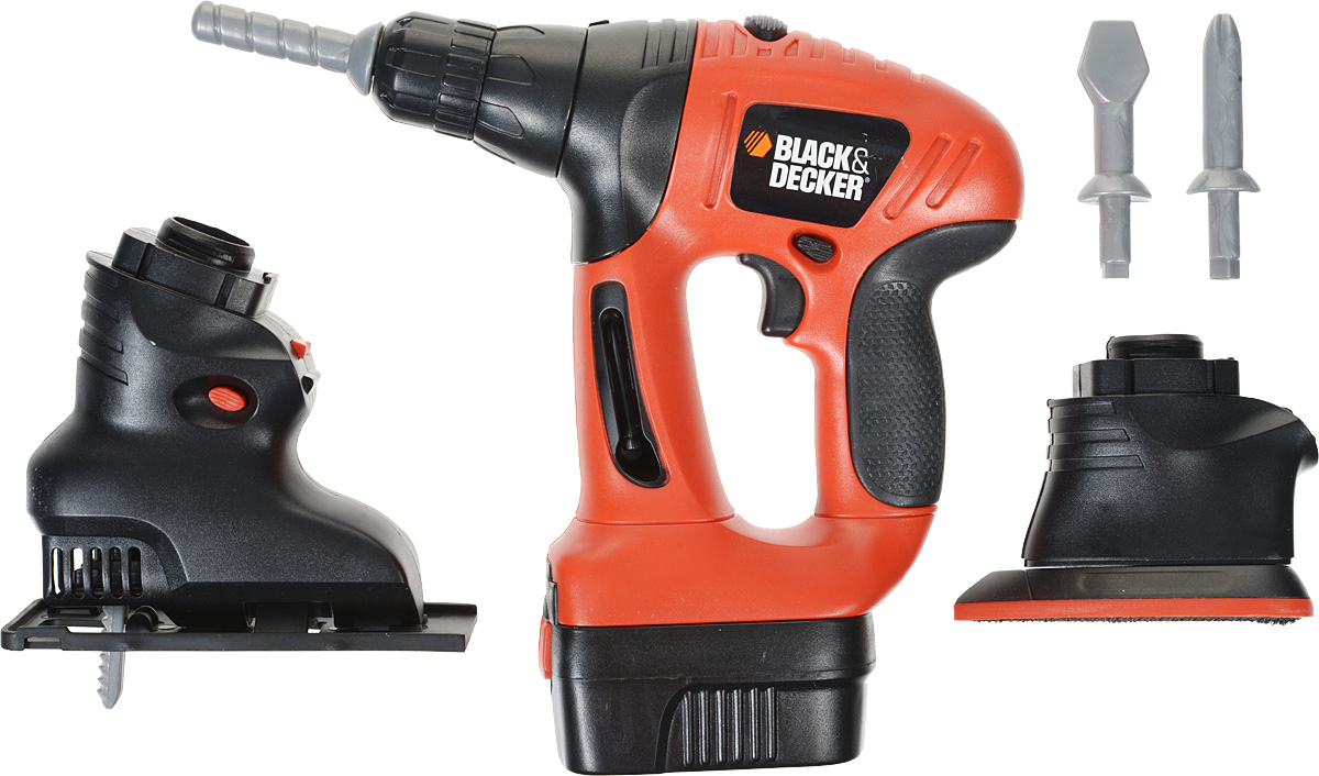 Smoby Электроинструмент Black & Decker 4 в 1500167 Smoby Электроинструмент Black & Decker 4 в 1500167Игрушечный электроинструмент Smoby Black & Decker станет отличным пополнением к детской мастерской. Игрушка имеет съемные насадки: дрель, шуруповерт (2 насадки), шлифовка, лобзик. Инструмент имеет режим реверса, который переключается с помощью кнопки над пусковым курком. Аккумулятор снимается, как у настоящего электроинструмента. Игрушечный электроинструмент Smoby Black&Decker обязательно порадует вашего юного мастера. Теперь он может работать с инструментами наравне с отцом. Сделайте вашему ребенку такой замечательный подарок! Для работы игрушки необходимы 2 батарейки типа АА напряжением 1,5V (товар комплектуется демонстрационными).