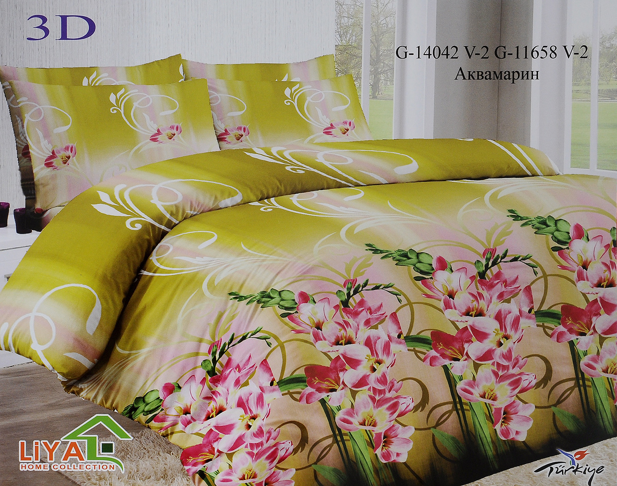 Комплект белья Liya Home Collection Аквамарин, 1,5-спальный, наволочки 70x70, цвет: оливковый, розовый, желтый0000120002151 Комплект белья Liya Home Collection Аквамарин, 1,5-спальный, наволочки 70x70, цвет: оливковый, розовый, желтый0000120002151Комплект белья Liya Home Collection Аквамарин состоит из пододеяльника, простыни и двух наволочек. Изделия выполнены из хлопка (70%) и полиэстера (30%). Хлопок является классическим примером гигроскопичности, гигиеничности, натуральности и простоты. Сочетание его с полиэстером лишает ткань присущих хлопку недостатков. Изделия из хлопка с полиэстером не выгорают, не растягиваются, дольше используются. Постельное белье из хлопка с полиэстером имеет двукратную продолжительность эксплуатации, по сравнению с чистым хлопком, оно не мнется и сохнет очень быстро.