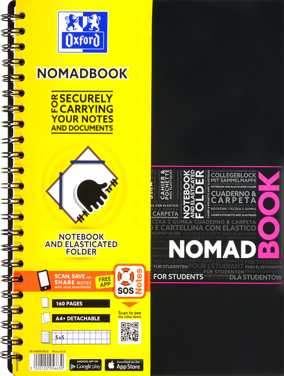 Oxford Тетрадь Nomadbook 80 листов в клетку цвет розовый291409_розовый Oxford Тетрадь Nomadbook 80 листов в клетку цвет розовый291409_розовыйКрасивая и практичная тетрадь 2 в 1 Oxford Nomadbook отлично подойдет для ведения и хранения заметок. Тетрадь формата А4+ состоит из 80 листов белой бумаги и четкой яркой линовкой в клетку. Обложка тетради выполнена из жесткого полипропилена розового и черного цвета. Все ваши записи и заметки всегда будут в безопасности, так как тетрадь основана на прочном металлическом гребне. Также тетрадь имеет закругленные углы и благодаря специальным меткам на каждой странице и бесплатному приложению SOS Notes для вашего телефона или планшета, вы сможете всегда легко перенести ваши записи и зарисовки с бумажной страницы в смартфон или на компьютер. Это прекрасное сочетание тетради и папки, так как включает в себя вставку папки с тремя клапанами на резинке в конце тетради для хранения различных документов.
