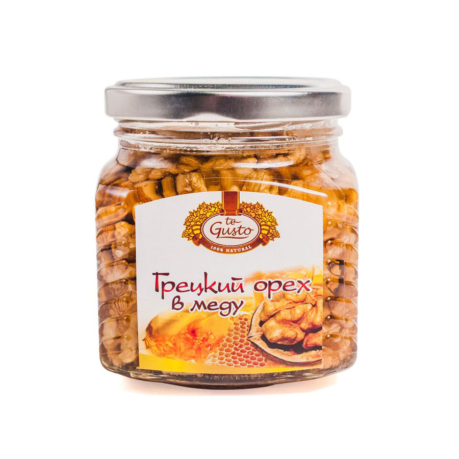 te Gusto Грецкие орехи в меду, 300 г4657155301191 te Gusto Грецкие орехи в меду, 300 г4657155301191Грецкий орех в меду - натуральный продукт, приготовленный из высококачественных сортов мёда и ядра грецкого ореха. Фармакологическое действие: Грецкий орех в меду оказывает на организм комплексное воздействие, обусловленное действием мёда и ядра грецкого ореха. Грецкий орех содержит витамины А, Е, С, В1, В2, В6, В12, микроэлементы, легко усваиваемые белки, растительные жиры. Богатый состав мёда определяет широкий спектр его фармакологических эффектов - антибактериального, противовирусного, противовоспалительного, иммуностимулирующего и других. Грецкий орех в меду ликвидирует недостаток витаминов и микроэлементов, повышает сопротивляемость организма, регулирует обменные процессы. Укрепляет сосуды, обладает антисклеротическим и антианемическим действием, нормализует состав крови. Благотворно влияет на работу центральной и периферической нервной системы.