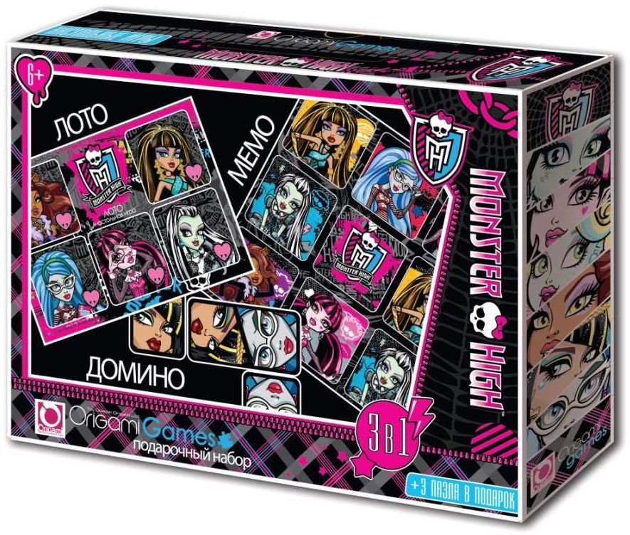 Подарочный набор настольных игр Monster High, 3 в 1: лото, домино, мемо00225 Подарочный набор настольных игр Monster High, 3 в 1: лото, домино, мемо00225Набор настольных игр Monster High создан по мотивам одноименного популярного сериала и содержит 3 игры (лото, домино и мемори), а также 3 мини-пазла (18 элементов и 2х24 элемента). Для лото вам понадобятся 6 карт лото и 30 карточек с картинками. Каждому участнику выдается большая карта с пятью картинками, каждую из которых надо закрыть карточкой. Игроки по очереди переворачивают карточки, и если находят подходящую, забирают ее себе и выкладывают лицом вверх на такую же картинку на своей карте. Выигрывает тот, кто первым заполнит карточками свою карту. Домино содержит 28 карточек. Положите все карточки на стол картинкой вниз и перемешайте. Определите, кто будет ходить первым. Для этого поочередно вытягивайте по одной карточке. Первый, кому выпадет дубль (фишка с одинаковыми картинками), начнет игру. Первый игрок выставляет любую карточку (желательно дубль). Следующий участник подстраивает к ней карточку с такой же картинкой (если необходимо, вы...