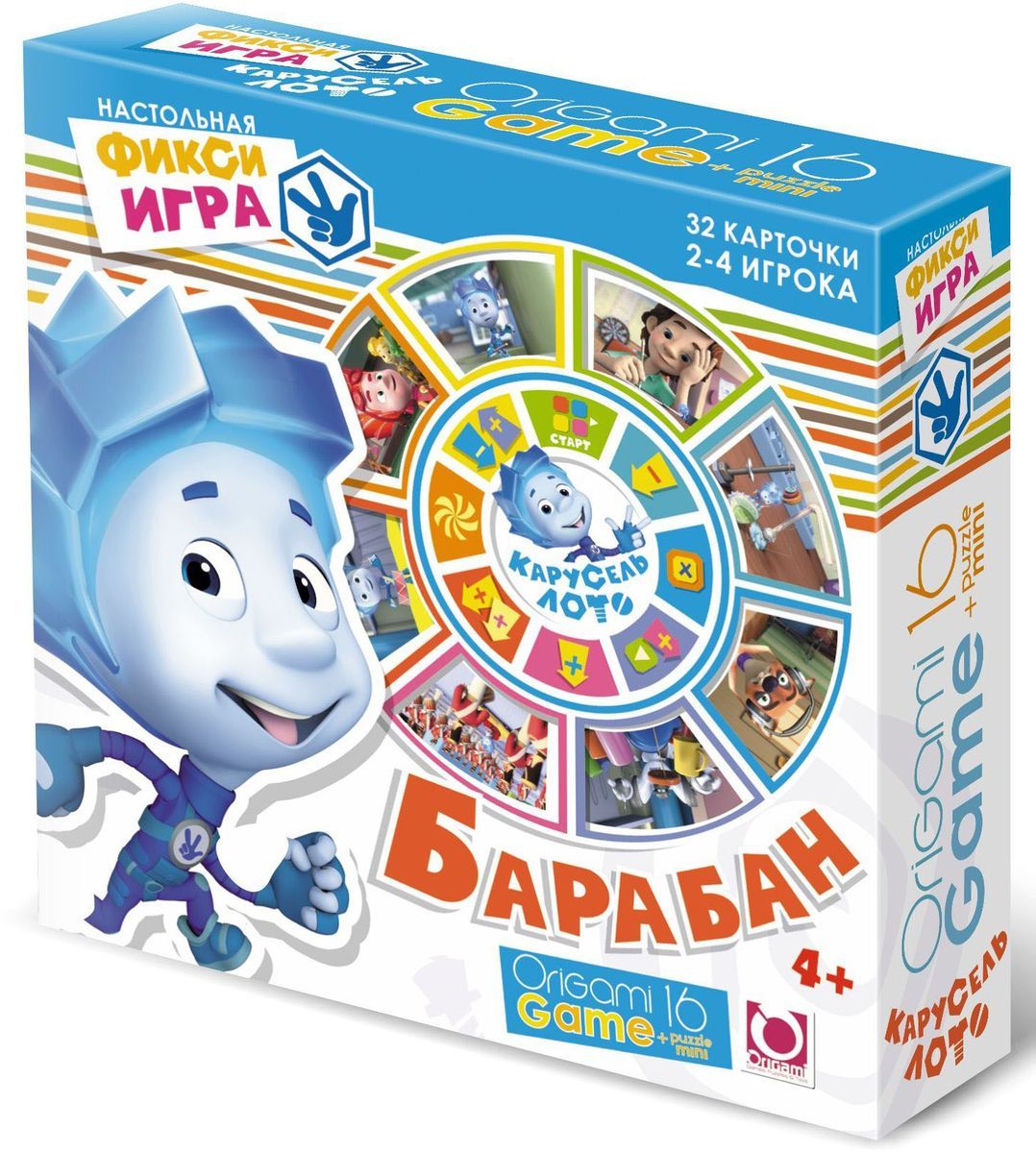 Оригами Обучающая игра Барабан00535 Оригами Обучающая игра Барабан00535Настольная игра с героями мультсериала Фиксики станет увлекательным и познавательным приключением, а также поможет ребёнку развить в игровой форме сообразительность, смекалку, научит считать, ассоциативно мыслить и стремиться к победе. В состав игры входят поле, карточки, фишки, кубик.