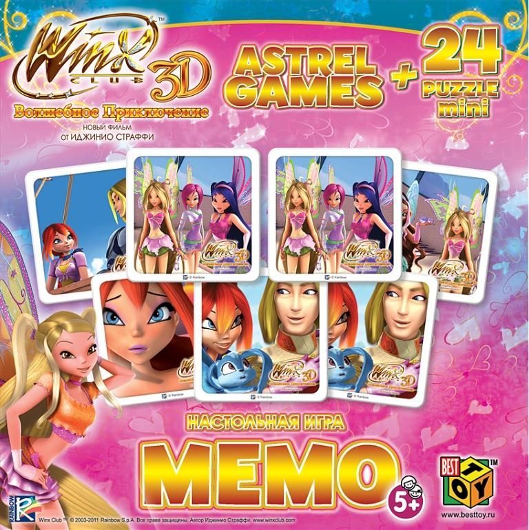 Оригами Комплект обучающих игр Winx Арт(О) 11162Арт(О) 11162 Оригами Комплект обучающих игр Winx Арт(О) 11162Арт(О) 11162Настольная игра Мемо - это очень увлекательная игра для тренировки памяти у малышей. Она является классической игрой на запоминание, и направлена на развитие логического мышления, внимания, зрительной памяти, наблюдательности и образного восприятия. Размер пазла 15х9,8. Рекомендованный возраст 4+