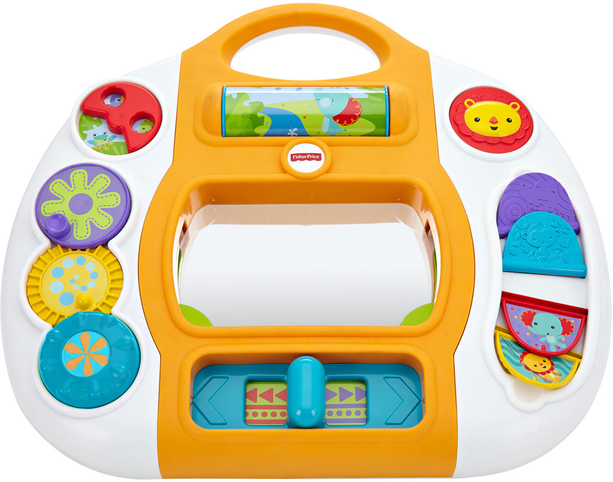 Fisher Price Развивающая игрушка Игровая панель Друзья из тропического лесаDMJ39 Fisher Price Развивающая игрушка Игровая панель Друзья из тропического лесаDMJ39Вот он, способ развивать мелкую моторику ребенка и одновременно не давать ему скучать! Развивающая игрушка Fisher Price Игровая панель. Друзья из тропического леса, разработанная специально для малышей, содержит семь активных элементов: крутящиеся диски, щелкающий переключатель, вращающийся барабан, полосу прячущихся животных, кнопку с пищащим львом и четыре тематические страницы с животными, которые можно переворачивать. Ребенок также сможет смотреться в небольшое зеркальце. Изучение возможностей игровой панели откроет крохе интересный мир новых ощущений и эмоций. Смешные механические звуки направляют ребенка и учат его причинно-следственным связям.