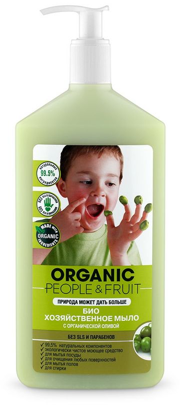 Мыло-БИО хозяйственное Organic People & Fruit, с органической оливой, 500 мл071-42-6009 Мыло-БИО хозяйственное Organic People & Fruit, с органической оливой, 500 мл071-42-6009Био хозяйственное мыло с органической оливой - это экологически чистое, многофункциональное и натуральное моющее средство для безопасной и эффективной уборки. Созданное на основе органического масла оливы, прекрасно и бережно очищает любые поверхности, сантехнику и все типы полов. Подходит для мытья посуды. Идеально для ручной стирки. Обладает нежным ароматом и образует обильную пену. Подходит для чувствительной кожи рук, увлажняет и питает ее, предотвращая раздражение. Не содержит опасных химических веществ: Парабены, SLS, EDTA и NTA, Нефтепродукты, Фосфаты, Фталаты, Фенолы, Сульфаты, Формальдегид.
