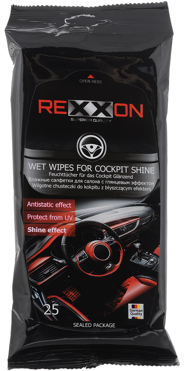 Салфетки влажные Rexxon, для салона автомобиля, с глянцевым эффектом, 25 шт2-1-1-2G-1 Салфетки влажные Rexxon, для салона автомобиля, с глянцевым эффектом, 25 шт2-1-1-2G-1Влажные салфетки Rexxon предназначены для ухода за интерьером автомобиля с глянцевым эффектом. Эффективно очищают поверхность, защищают от вредного воздействия солнечных лучей, замедляют процесс износа пластика, задерживают оседание пыли. Не оставляют следов. Состав: нетканое полотно, пропитывающий лосьон. Состав пропитывающего лосьона: деминерализованная вода, пропиленгликоль, ПАВ (менее 5%), консервант, отдушка (парфюмерная композиция менее 5%), ЭДТА. Товар сертифицирован.