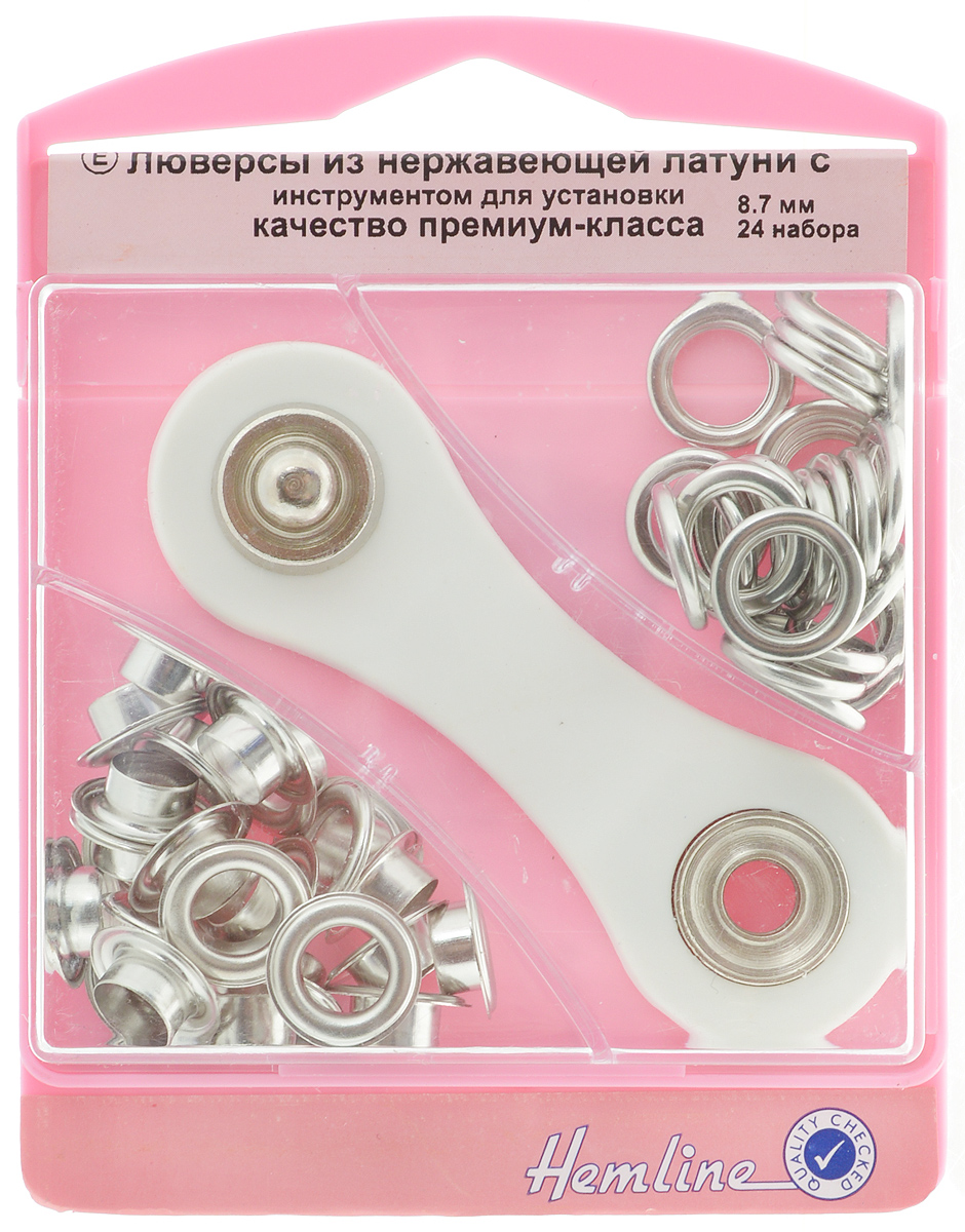 Набор люверсов Hemline Е, с инструментом для установки, цвет: стальной, диаметр 8,7 мм, 24 набора438P.8.N Набор люверсов Hemline Е, с инструментом для установки, цвет: стальной, диаметр 8,7 мм, 24 набора438P.8.NНабор Hemline Е включает 48 металлических элемента. Люверсы представляют собой кольца особой формы, которые служат для окантовки отверстий в разных материалах. Используются в качестве фурнитуры для кожгалантерейных, текстильных, обувных изделий, также подходят для бумаги и картона. Через люверсы продеваются шнурки, ленты, тесьма. Предназначены для средних по плотности тканей. Для обеспечения толщины между слоями ткани не менее 1-2 мм используйте прокладочную ткань. На оборотной стороне упаковки прилагается инструкция. Изделия Hemline помогут воплотить вашу творческую задумку и добавят вдохновения для новых идей. Внутренний диаметр: 8,7 мм.