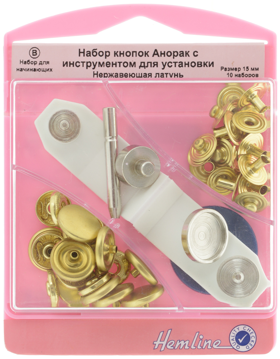 Набор кнопок Анорак Hemline B, с инструментом для установки, 15 мм. 407.G407.G Набор кнопок Анорак Hemline B, с инструментом для установки, 15 мм. 407.G407.GНовое качество премиум! Высокачественный металл. Удобная многоразовая упаковка.Предназначены для средних и тяжелых вещей. Для обеспечения толщины между слоями ткани не менее 1-2 мм используйте прокладочную ткань. Внимание! Слишком сильные удары молотка могут повредить поверхность кнопки! Всегда работайте на плоской устойчивой поверхности, защищенной куском картона!