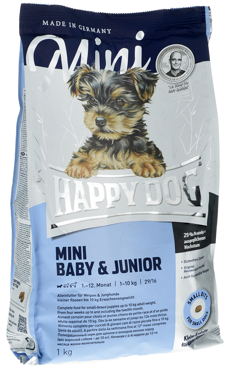 Сухой корм Happy Dog Mini Baby & Junior для щенков мелких пород (29/16), 1 кг3409_1 кг Сухой корм Happy Dog Mini Baby & Junior для щенков мелких пород (29/16), 1 кг3409_1 кгОптимально сбалансированный корм для щенков - наилучшая основа для здорового развития! Mini Baby & Junior объединяет высококачественные ингредиенты: мясо птицы, лосося, а также ценного новозеландского моллюска. Одобренная ветеринарными врачами рецептура содержит 29% белка. Этот сухой корм оптимально подходит для беспроблемного и щадящего кормления щенков и юниоров всех пород, в том числе чувствительных к кормам начиная с 4 - й недели жизни (вес взрослой собаки - до 10 кг). В период между 9-м и 12-м месяцем следует постепенно переходить на соответствующий продукт линейки Happy Dog Supreme Fit & Well - Adult Mini. Сбалансированный корм для щенков с уникальным Happy Dog Natural Life Concept предотвращает явление недостаточности в организме.