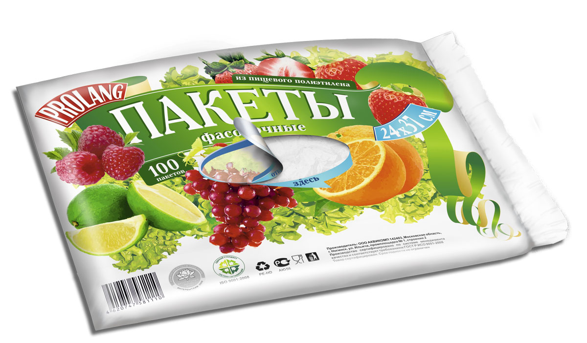 Пакеты фасовочные Prolang, 24 х 36 см, 100 шт1110 Пакеты фасовочные Prolang, 24 х 36 см, 100 шт1110Фасовочные пакеты в пласте Используются для хранения круп, овощей, кондитерских и хлебобулочных изделий, предохраняя их от посторонних запахов и загрязнений. Изготовлены из высококачественного первичного полиэтилена, сертифицированы для применения в контакте с пищевыми продуктами.