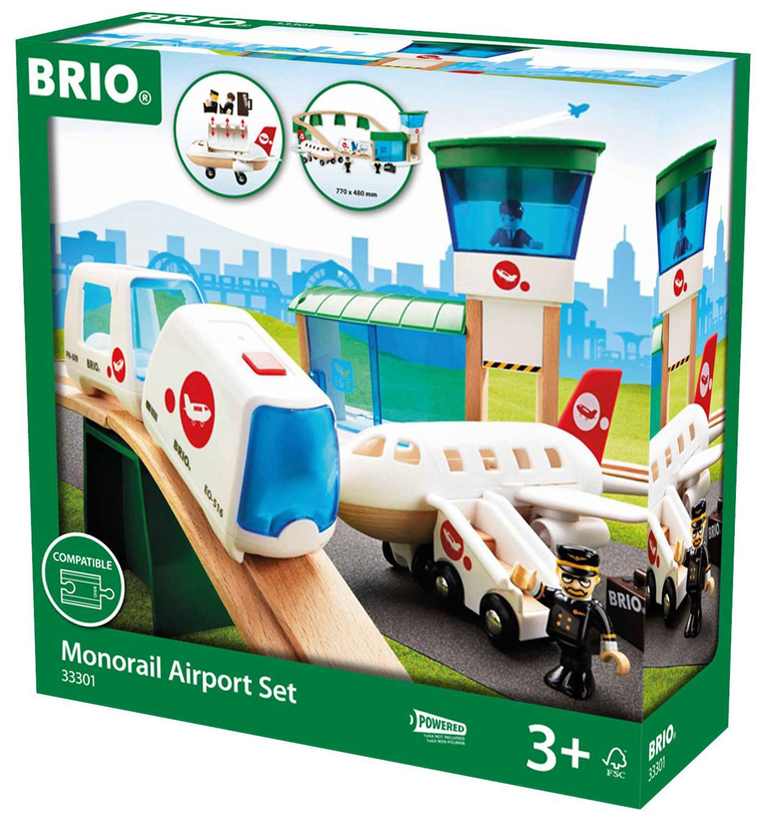 Brio Железная дорога Аэропорт33301 Brio Железная дорога Аэропорт33301Железная дорога Brio Аэропорт состоит из 22 элементов. Набор состоит из поезда Brio и элементов дороги. Поезд состоит из главного и пассажирского вагонов. Поезд работает от элементов питания и сам двигается по пути. Человечки могут быть размещены по вагонам, а также в самолете (там помещается 2 человечка с ручной кладью). Самолет оснащен мобильным трапом, по которому могут подниматься фигурки. Здание аэровокзала позволяет человечкам ожидать поезд или самолет. Двери у аэровокзала подвижные, могут закрываться и открываться. На аэровокзале присутствует пункт досмотра ручной клади. В аэропорту располагается смотровая вышка, на которую можно посадить авиадиспетчера. Он следит за прилетом и отправкой самолетов. Набор совместим со всеми железными дорогами и паровозиками Brio. Необходимо купить батарейку напряжением 1,5V типа АА (не входят в комплект).