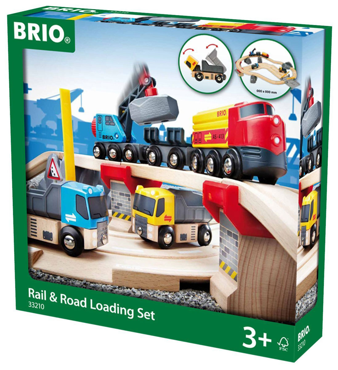 Brio Железная дорога с автодорогой и переездом33210 Brio Железная дорога с автодорогой и переездом33210Железная дорога с автодорогой и переездом Brio содержит в себе железнодорожное полотно, грузовой состав, состоящий из локомотива, вагона-крана и грузового вагона , 2 грузовых автомобиля, автомобильное дорожное полотно, особые стойки для подъема рельс на второй уровень и переезд. Благодаря магнитному захвату кран имеет возможность погружать груз из автомобилей в грузовой вагон и обратно. Автомобили могут съезжать по съездам автомобильного полотна, что дает возможность увеличить зону их перемещения. О возможном камнепаде предупредит автомобильный знак, входящий в набор. Грузовой локомотив перемещается вручную. Железные дороги позволяют ребенку не только получать удовольствие от игры, но и развивать пространственное воображение, мелкую моторику и координацию движений. Набор совместим со всеми железными дорогами и паровозиками Brio.