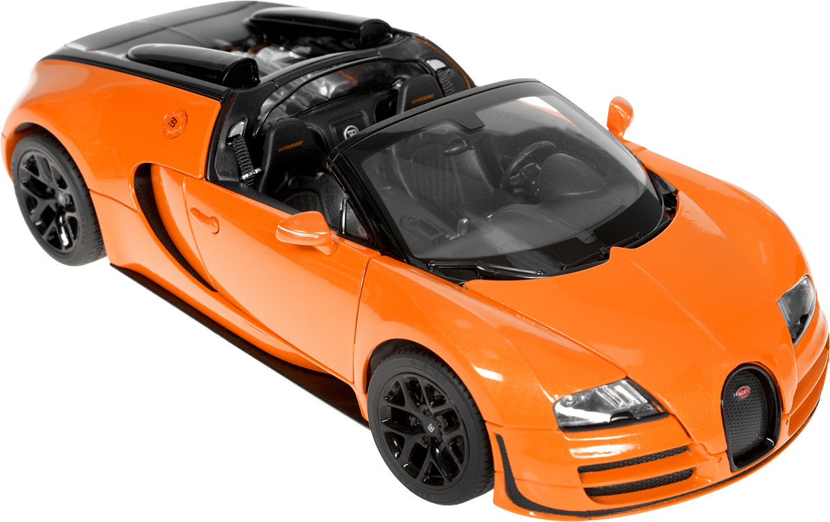 Rastar Модель автомобиля Bugatti Veyron 16.4 Grand Sport Vitesse цвет оранжевый43900_черный, оранжевый Rastar Модель автомобиля Bugatti Veyron 16.4 Grand Sport Vitesse цвет оранжевый43900_черный, оранжевыйМодель автомобиля Rastar Bugatti Veyron 16.4 Grand Sport Vitesse привлечет внимание, как ребенка, так и взрослого коллекционера. Машина является точной уменьшенной копией настоящего автомобиля в масштабе 1:18. Модель выполнена из металла с использованием пластика и оснащена резиновыми колесами, обеспечивающими хорошее сцепление с любой поверхностью пола. Колеса и руль вращаются, дверцы и капот открываются. Модель автомобиля Rastar Bugatti Veyron 16.4 Grand Sport Vitesse станет отличным подарком и украшением любой коллекции!