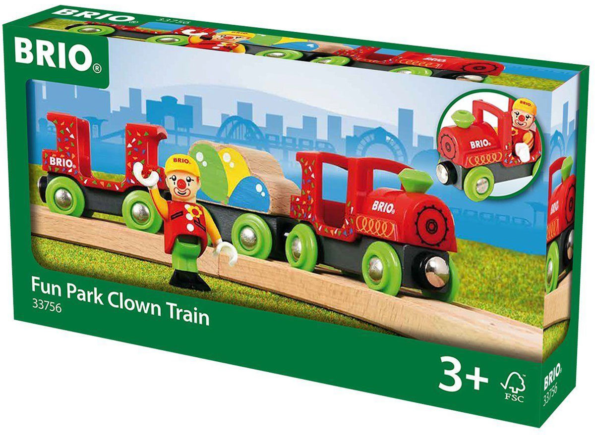 Brio Цирковой поезд33756 Brio Цирковой поезд33756В состав набора Brio Цирковой поезд входит красочно раскрашенный состав с машинистом. Цирковой поезд состоит из паровозика, в который можно сажать фигурку клоуна-машиниста либо других человечков Brio, и два вагончика, в один из которых также можно сажать человечков, а другой везёт груз воздушных шариков. У фигурки клоуна подвижные ручки и ножки, поворачивается голова. Груз воздушный шариков снимается, поэтому вагон можно использовать для перевозки других грузов. Железные дороги позволяют ребенку не только получать удовольствие от игры, но и развивать пространственное воображение, мелкую моторику и координацию движений.