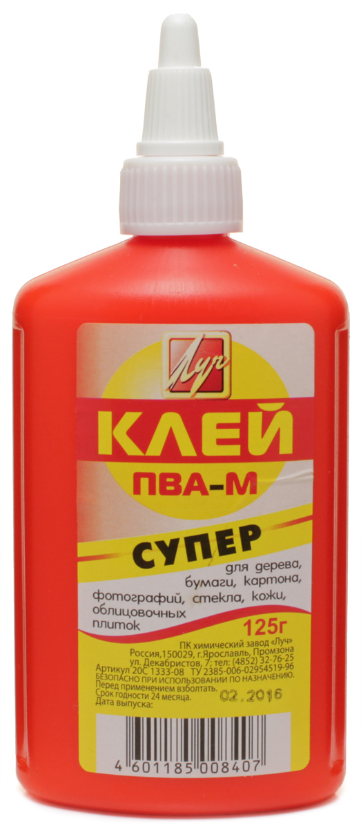 Луч Клей для бумаги и картона ПВА Супер 125 г20С 1333-08 Луч Клей для бумаги и картона ПВА Супер 125 г20С 1333-08Клей Луч ПВА-М отличается самым большим содержанием клеящего вещества (среди известных отечественных производителей), что является гарантом склеивания широкого спектра поверхностей, как простых, так и сложных. Готовое изделие долговечно, выдерживает большие нагрузки. Современная и удобная конструкция флакона: не деформируется и не лопается при транспортировке в холодную погоду.