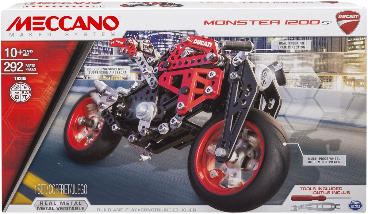 Meccano Конструктор Мотоцикл Дукати91807 Meccano Конструктор Мотоцикл Дукати91807Конструктор Meccano Мотоцикл Дукати позволит вашему ребенку весело и с пользой провести время. Конструктор включает в себя 292 детали из металла, пластика и резины, с помощью которых можно собрать быстроскоростной мотоцикл! Этот набор изготовлен в основном из металла, соединять которые вам предстоит при помощи гаечного ключа, отвертки и винтиков. Также имеются пластиковые детали и резиновые колеса. Конструктор Meccano Мотоцикл Дукати поможет ребенку развить мелкую моторику рук, координацию движений и усидчивость. Примечательность этого набора заключается, во-первых, в точнейшей детализации модели мотоцикла. Во-вторых, собранная модель обладает вполне функциональным рулевым управлением, подвеской, боковой подставкой и другими деталями.