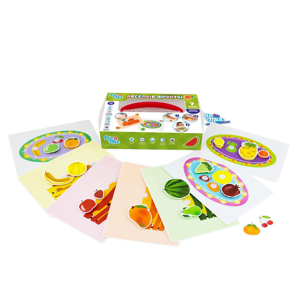 Pic&Mix Игра настольная развивающая Веселые фрукты112026 Pic&Mix Игра настольная развивающая Веселые фрукты112026Обучающая игра пазл-липучка состоит из 7 игровых полей, заполняя которые, ребенок изучает названия фруктов, их отличительные свойства и цвета. Развивает следующие навыки: логическое мышление; восприятие формы и цвета; зрительную память; речевое общение; мелкую моторику рук.