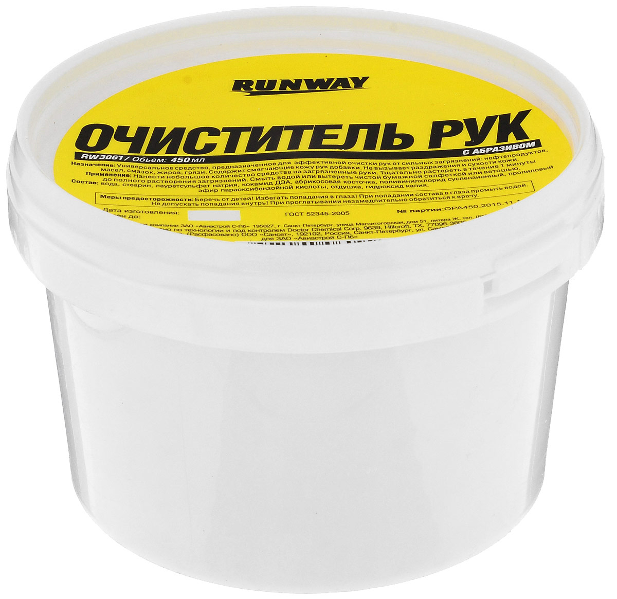 Очиститель рук Runway, с абразивом, 450 млRW3061 Очиститель рук Runway, с абразивом, 450 млRW3061Универсальное средство Runway предназначено для эффективной очистки рук от сильных загрязнений: нефтепродуктов, масел, смазок, жиров, грязи. Содержит смягчающие кожу рук добавки. Не вызывает раздражения и сухости кожи. Товар сертифицирован.