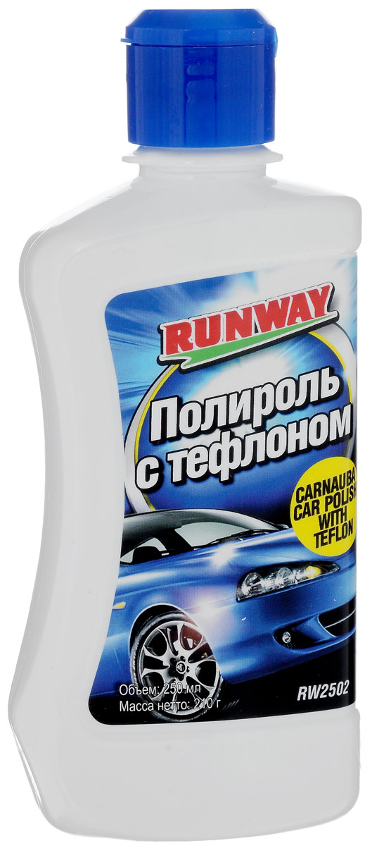 Полироль с тефлоном Runway, 250 млRW2502 Полироль с тефлоном Runway, 250 млRW2502Созданная на основе чистейшего воска карнаубы и тефлона, полироль Runway сохраняет блеск и держится дольше других полиролей. Эффективно очищает, полирует и защищает лакокрасочные и хромированные поверхности кузова автомобиля. Придает блеск потускневшим элементам кузова, удаляет небольшие загрязнения и следы подтеков после мытья автомобиля. Благодаря высокому содержанию тефлона надежно защищает поверхность автомобиля от погодных воздействий, дорожной грязи и ультрафиолетового излучения. Не содержит абразивов. Товар сертифицирован.